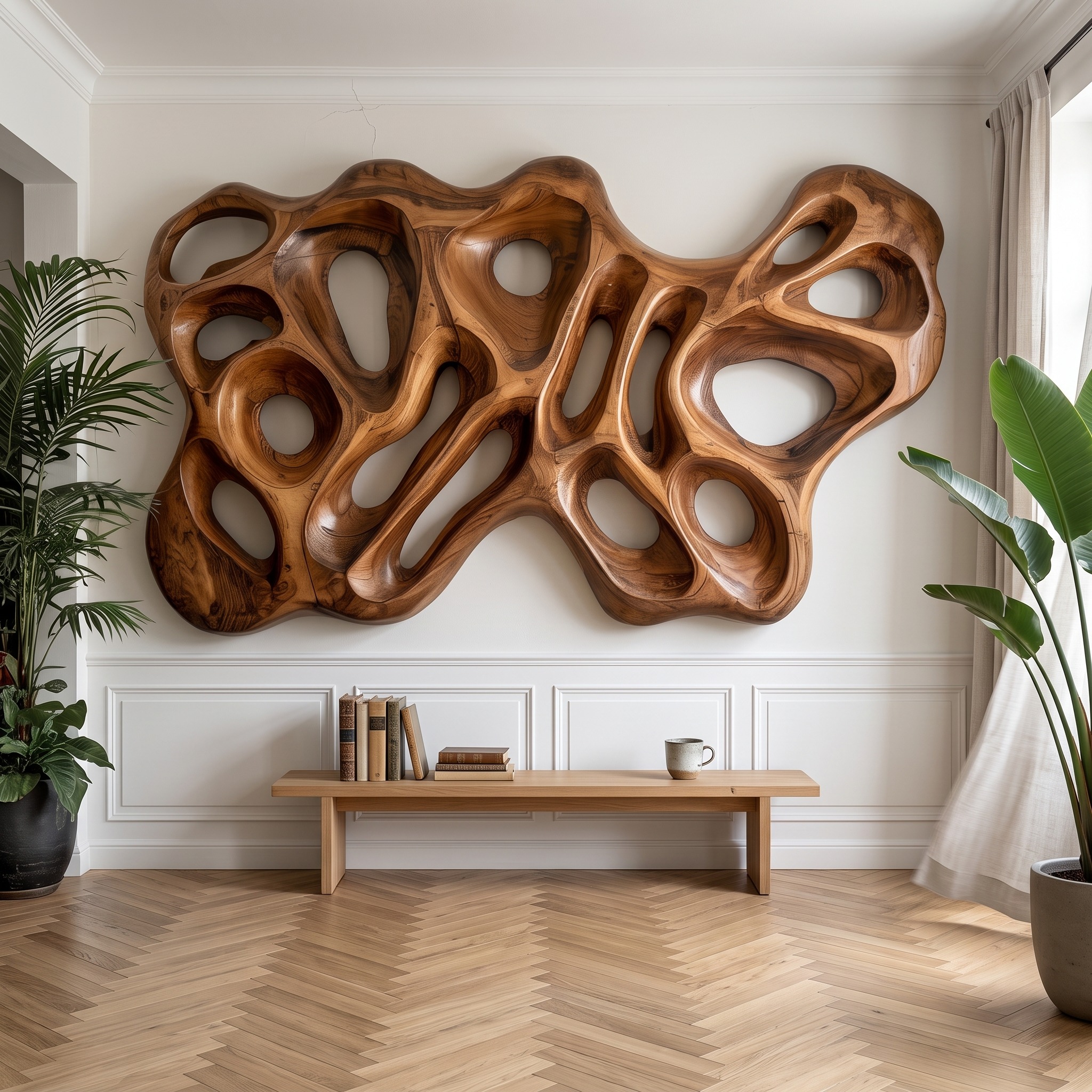 Modern Organic Wood Wall Sculpture for Living Room Feature Wall and Artistic Interior Accent