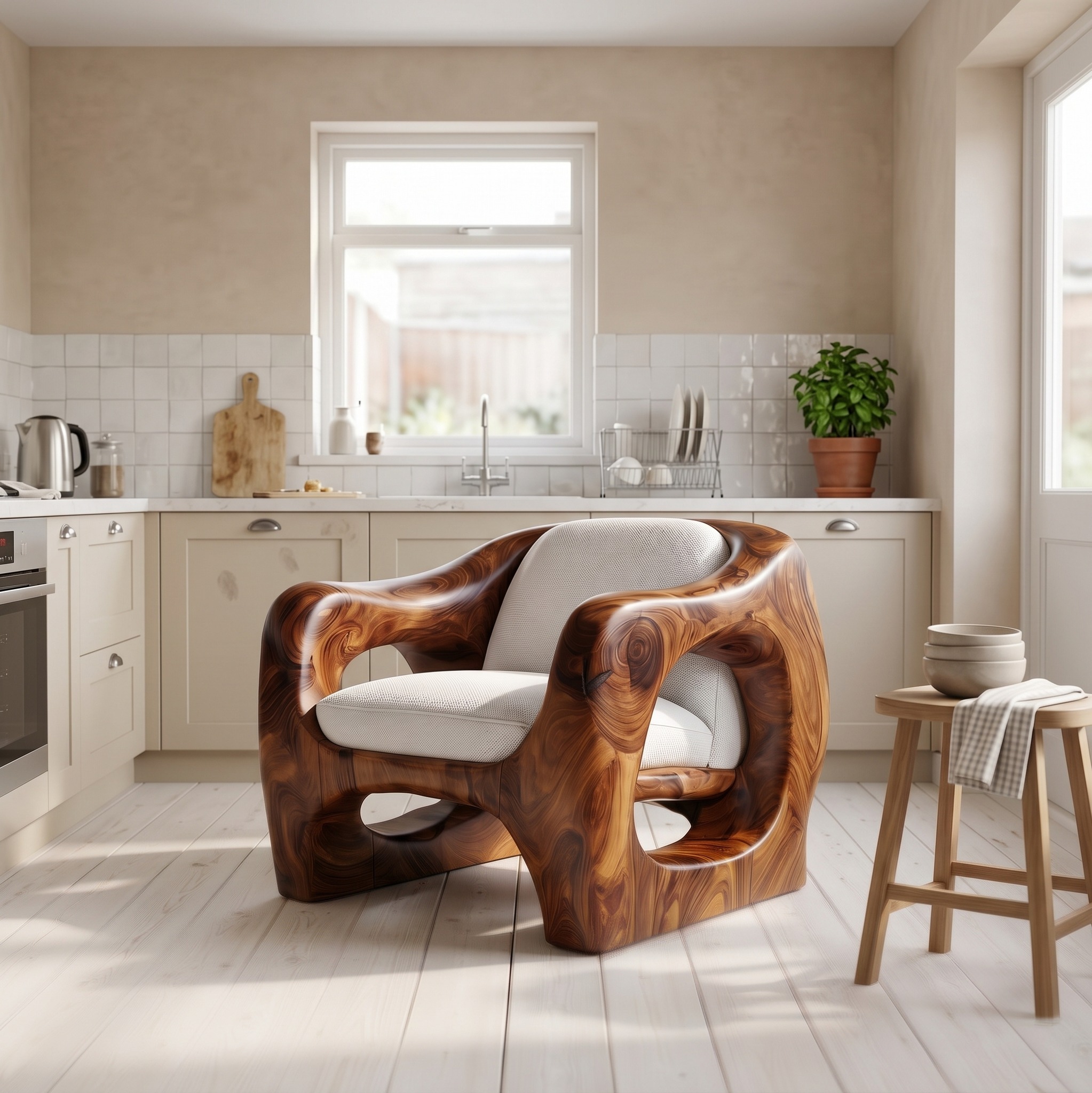 Modern Organic Wooden Armchair, Handcrafted Accent Lounge Chair for Living Room
