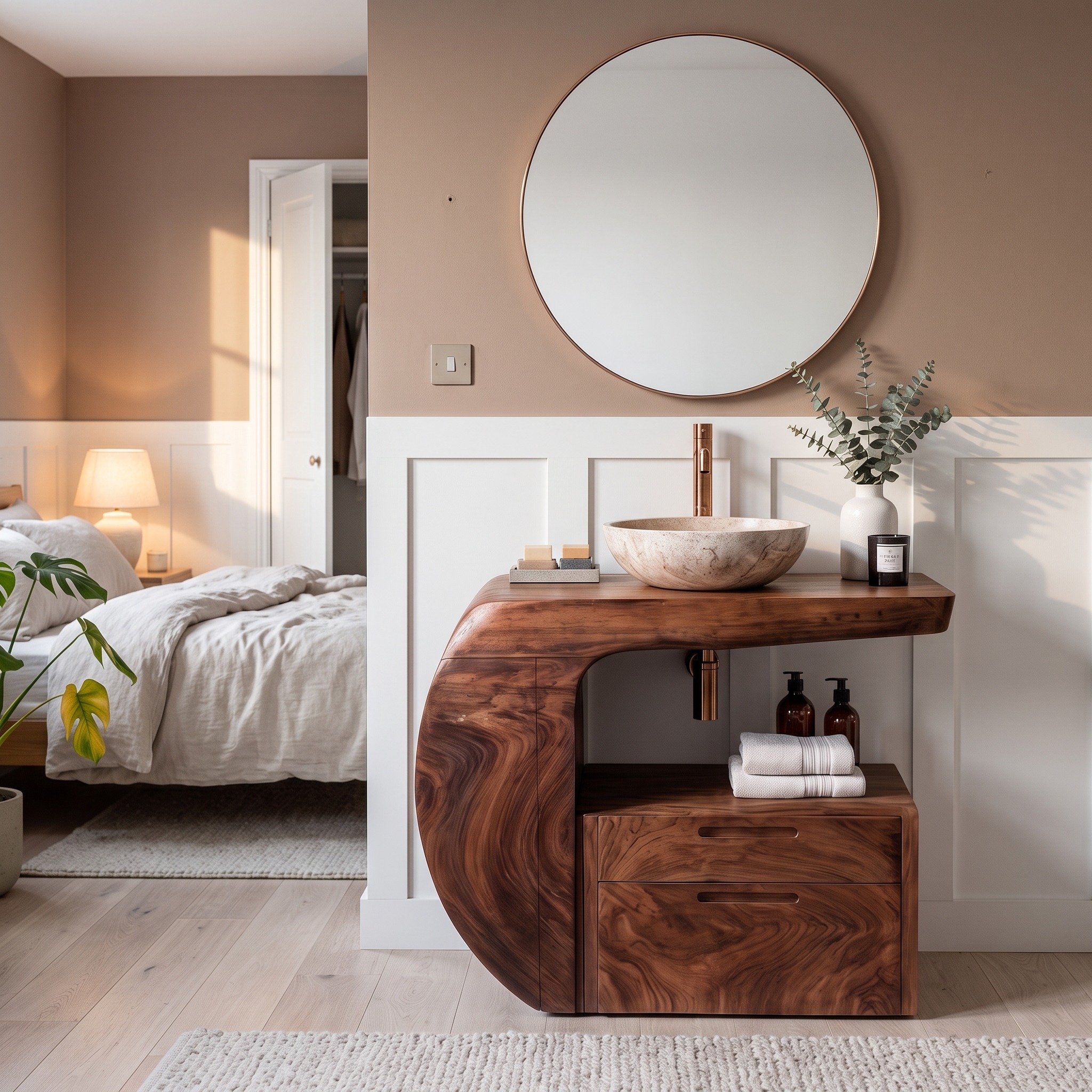 Modern Organic Wooden Bathroom Vanity with Storage Cabinet, Handcrafted Natural Wood Sink Console for Powder Room
