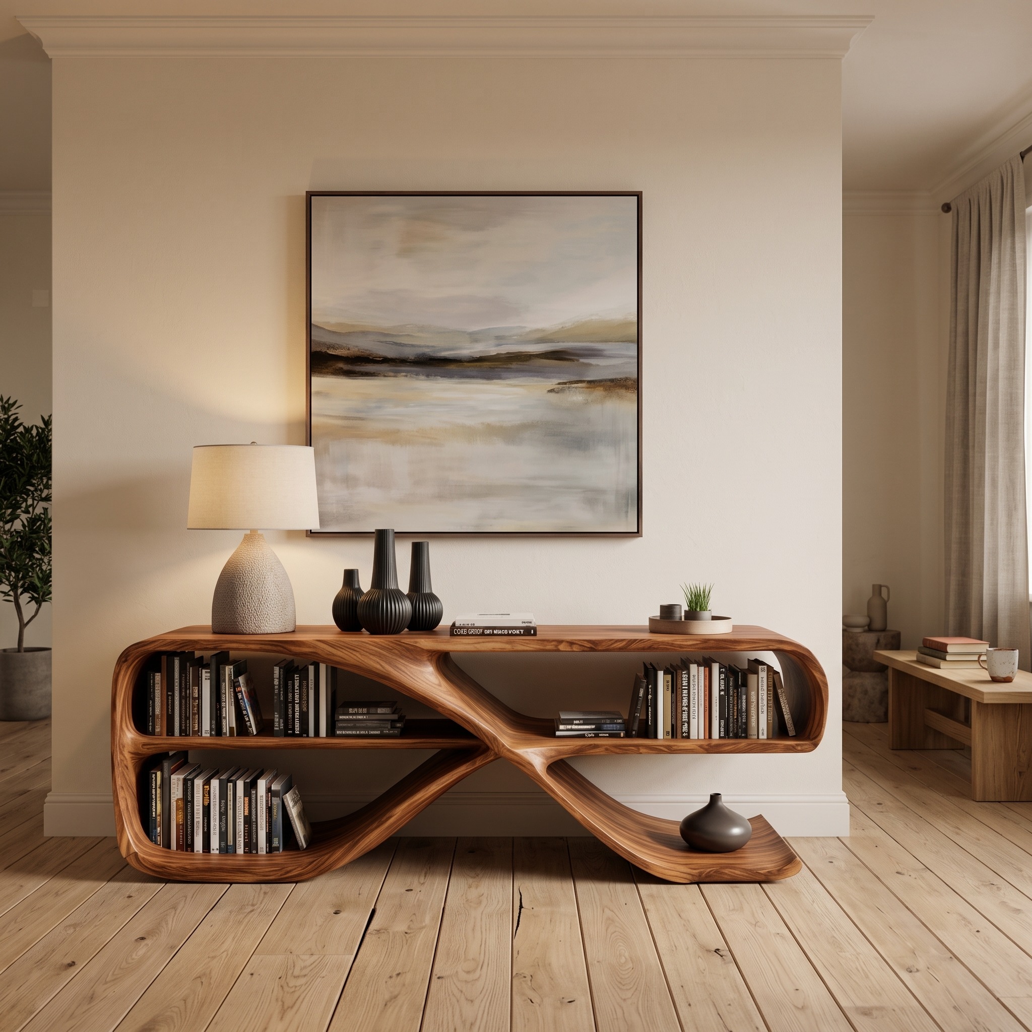 Modern Organic Wooden Console Table, Handcrafted Solid Wood Entryway Table for Living Room & Hallway Decor, Model