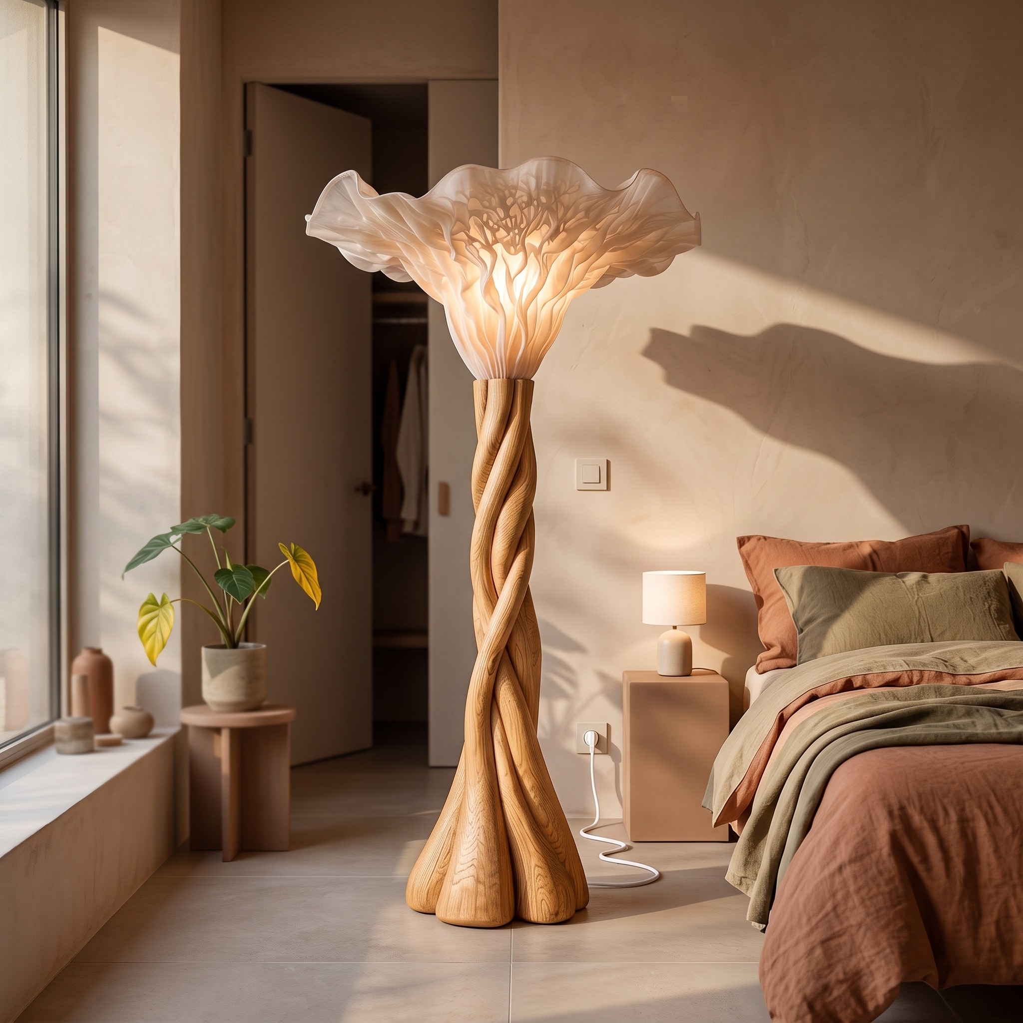 Modern Organic Wooden Mushroom Floor Lamp for Bedroom