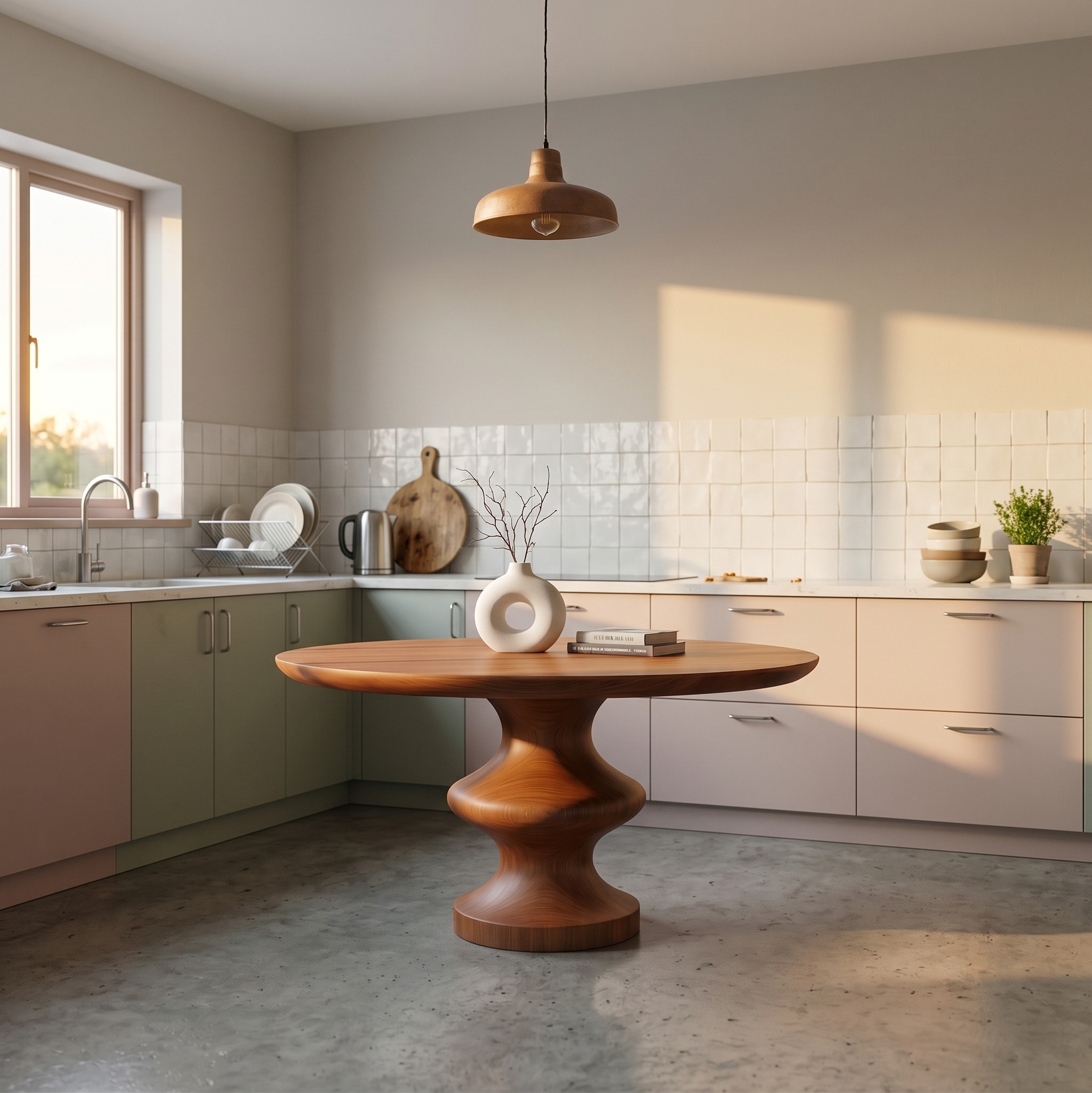 Modern Pedestal Dining Table with Sculptural Solid Wood Base, Handcrafted Round Kitchen & Dining Room Table