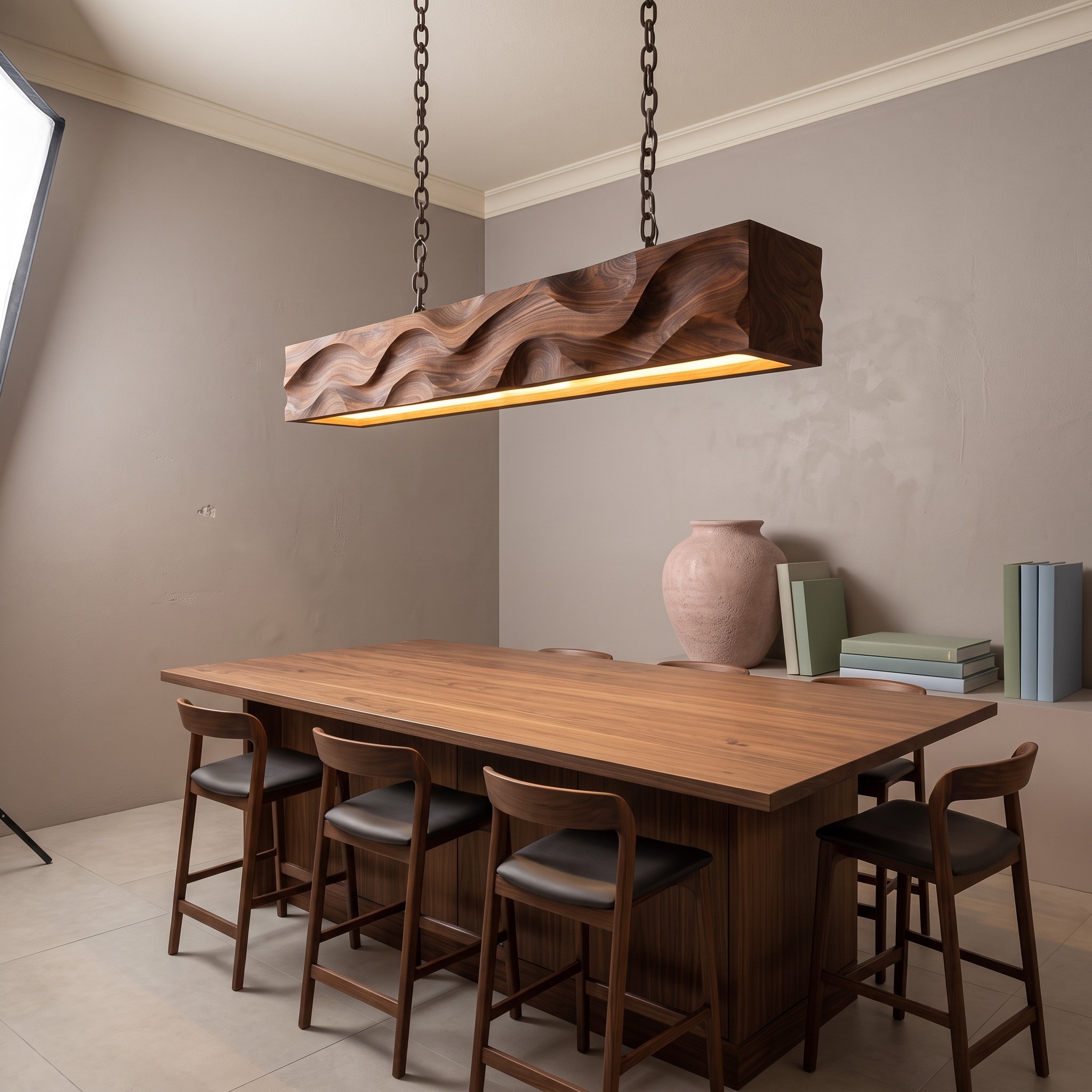 Modern Pendant Lighting with Carved Wave Wood Design, Handcrafted Hanging Ceiling Light for Dining Room & Island
