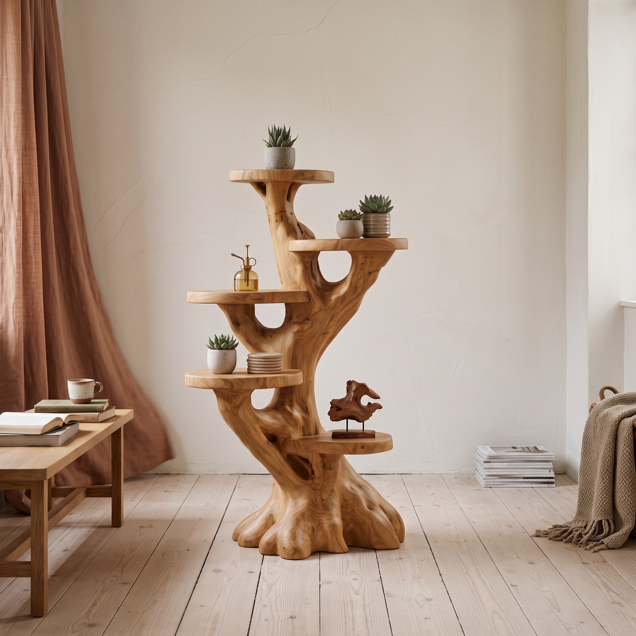 Modern Plant Display Stand with Sculptural Curved Form for Living Room and Office