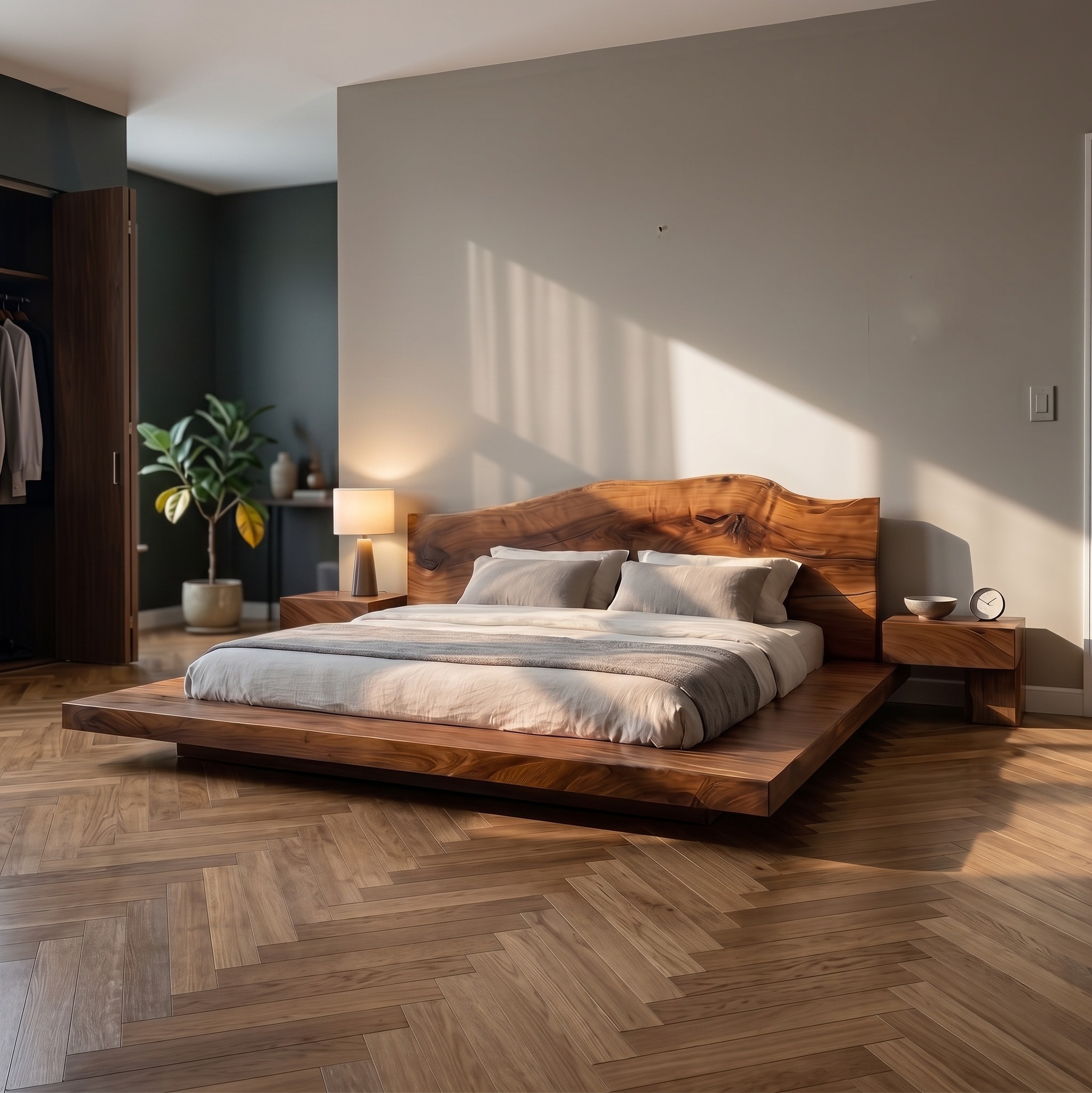 Modern Platform Bed Frame, Low Profile Solid Wood Slats Bed with Headboard for Bedroom Furniture