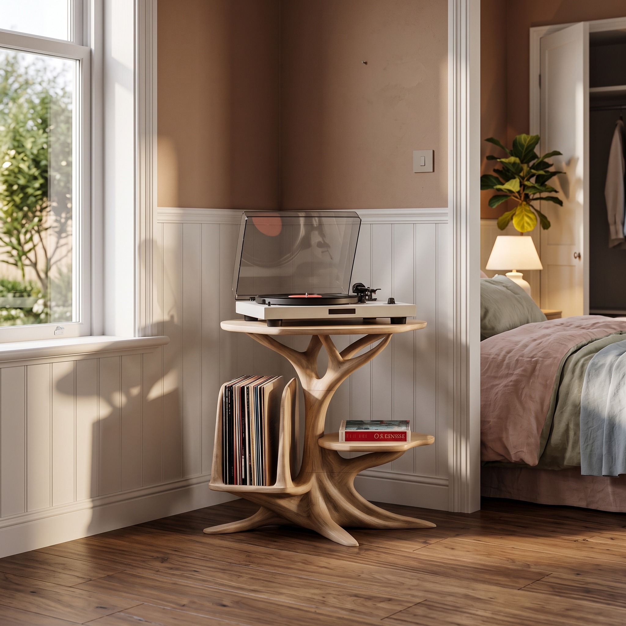 Modern Record Player Stand, Sculptural Solid Wood Turntable Console with Vinyl LP Storage Shelf
