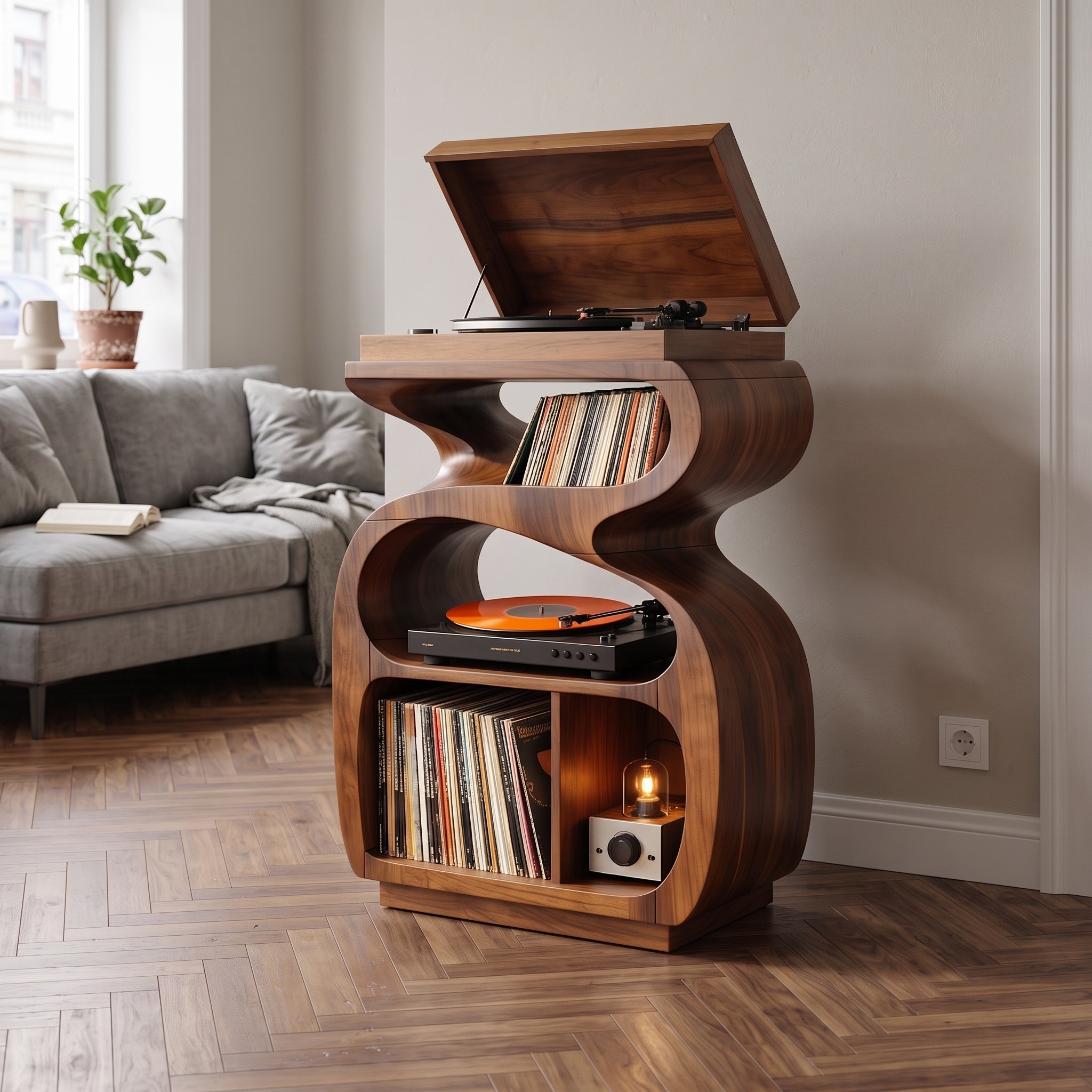 Modern Record Player Stand with Vinyl Storage, Solid Wood Music Console Cabinet for Living Room and Studio