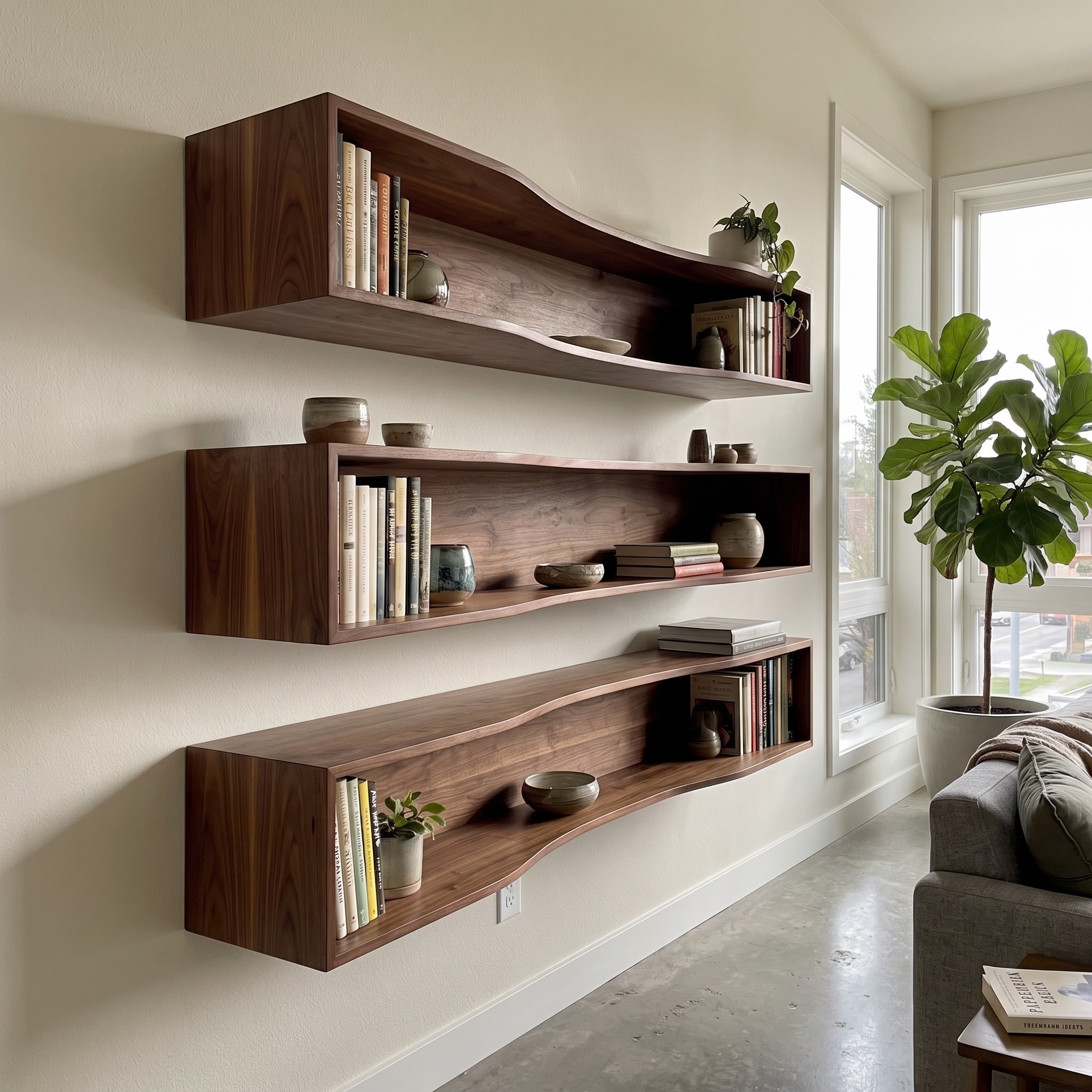 Modern Rectangular Floating Wall Shelves Solid Wood Open Storage