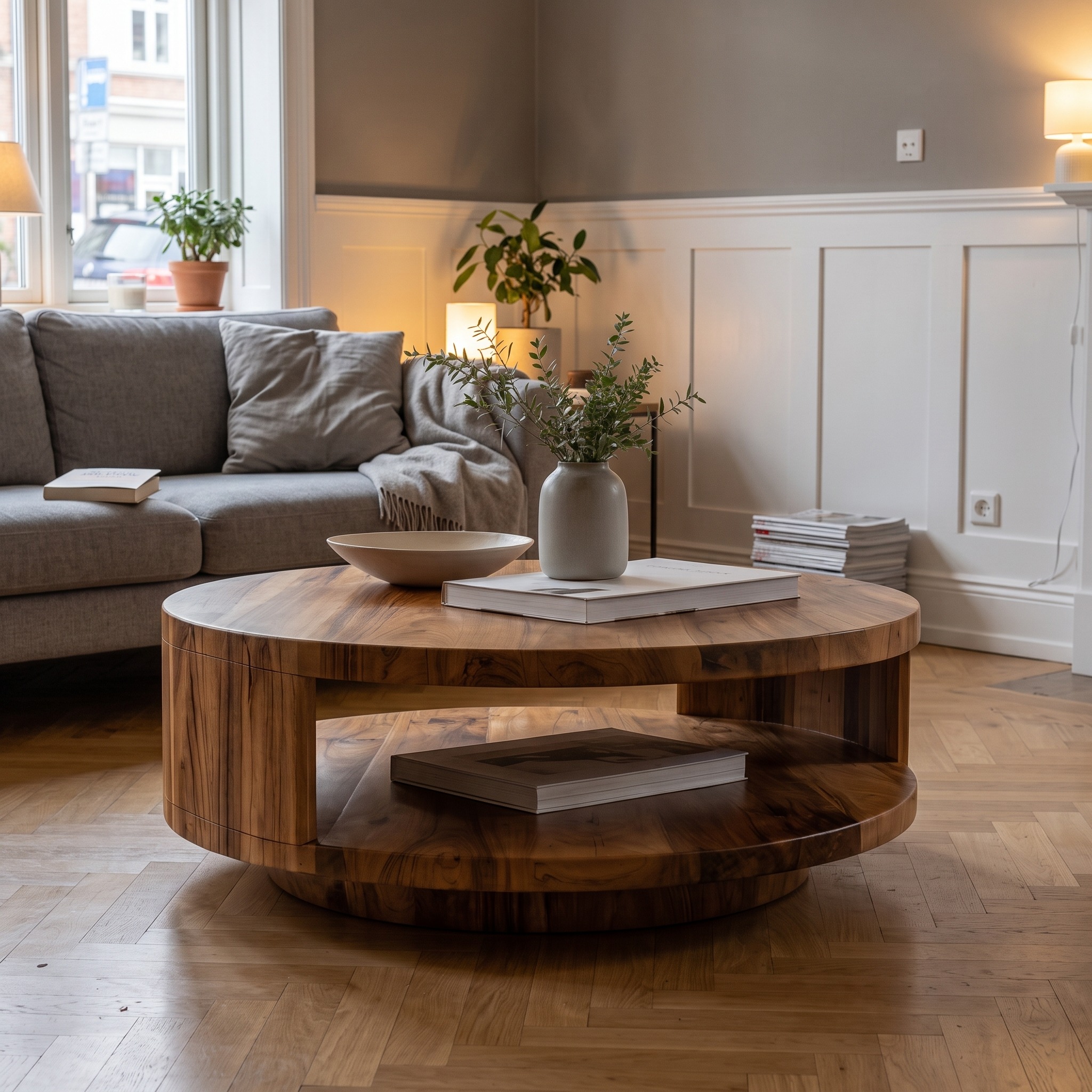Modern Round Coffee Table with Storage Shelf, Handcrafted Solid Wood Center Cocktail Table for Living Room