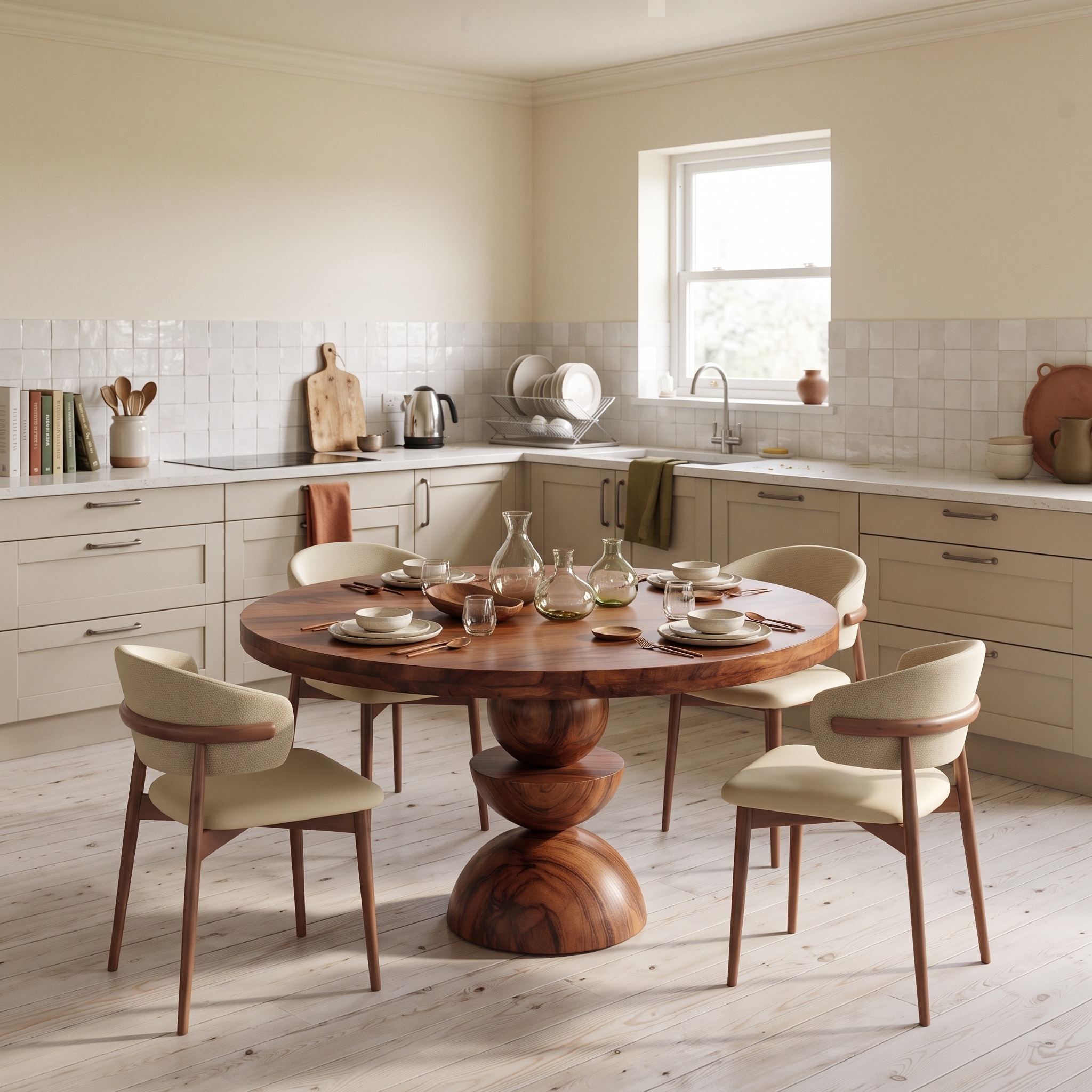 Modern Round Dining Table with Geometric Base, Handcrafted Solid Wood Kitchen Table & Circular Dinette Breakfast Desk
