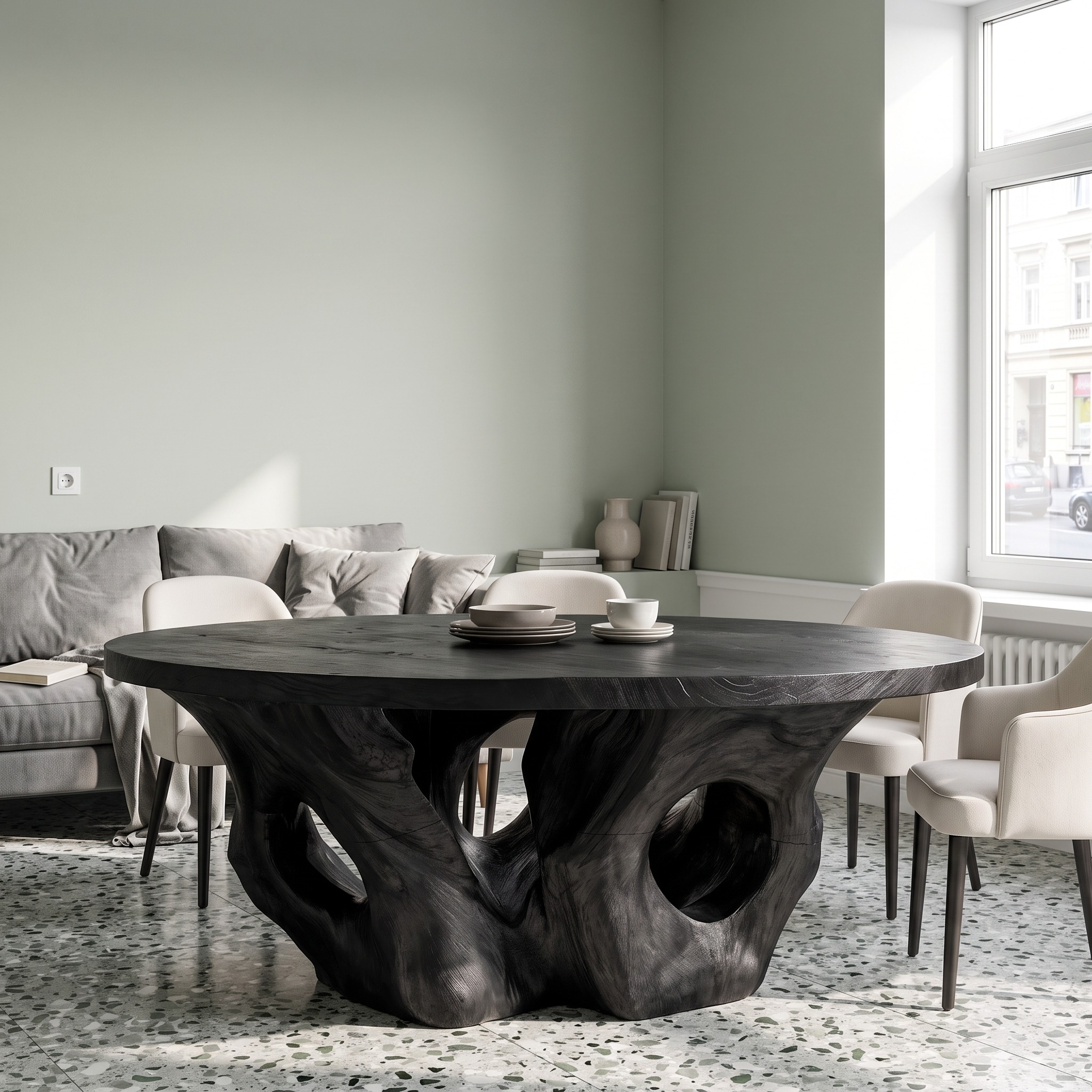 Modern Round Dining Table with Sculptural Open Form for Dining Room and Living Room