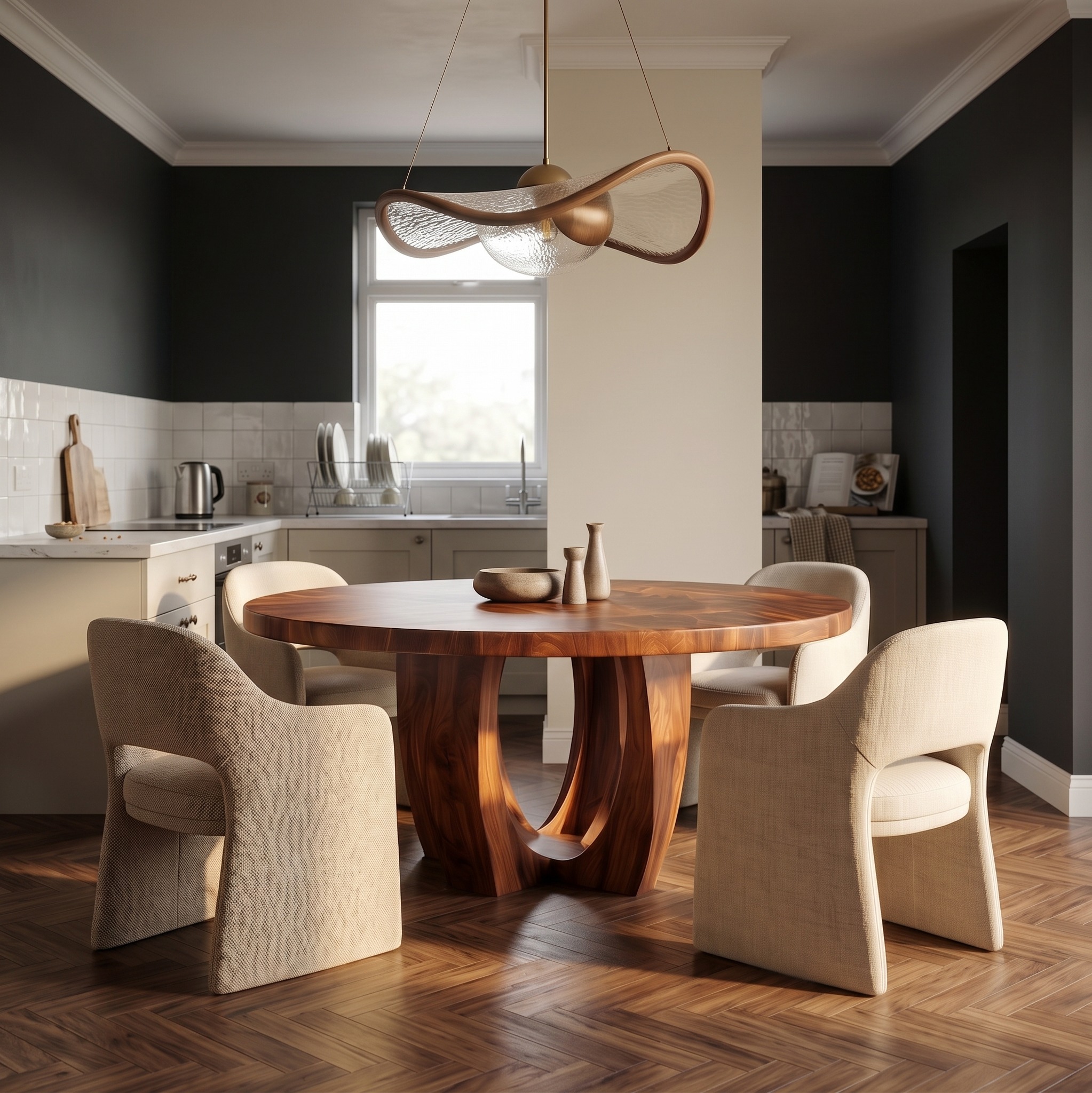 Modern Round Dining Table with Sculptural Wood Base, Handcrafted Solid Wood Kitchen Dining Room Table