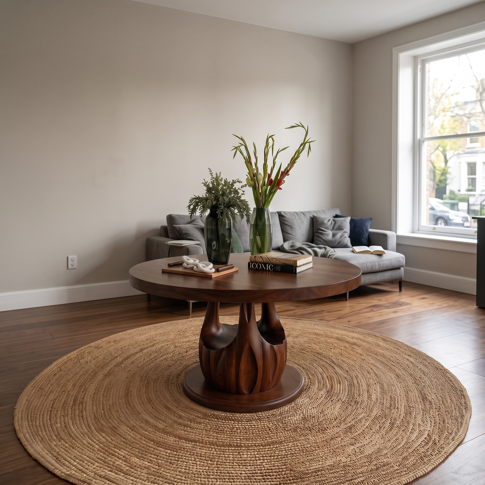 Modern Round Entryway Foyer Table, Solid Wood Unique Sculptural Base Accent Table for Hallway
