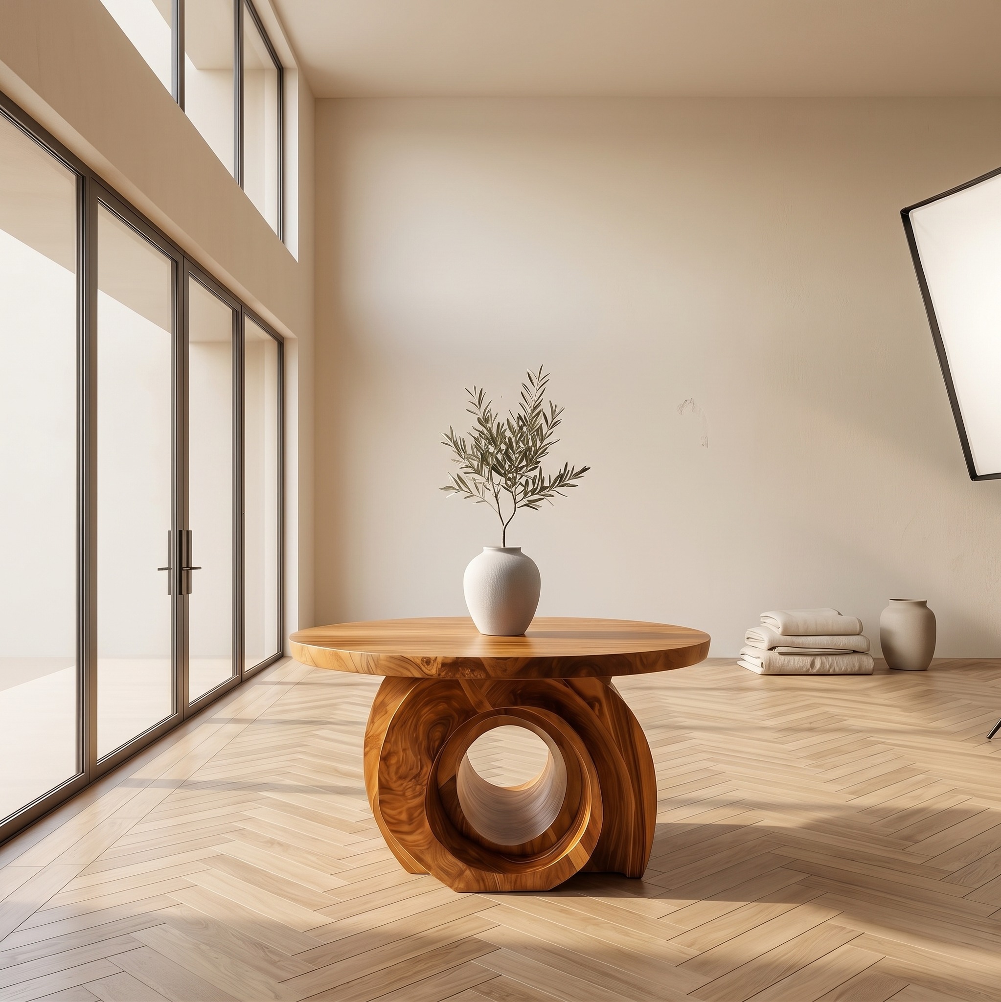 Modern Round Foyer Table, Sculptural Ring Pedestal Solid Wood Entryway & Hallway Accent Table