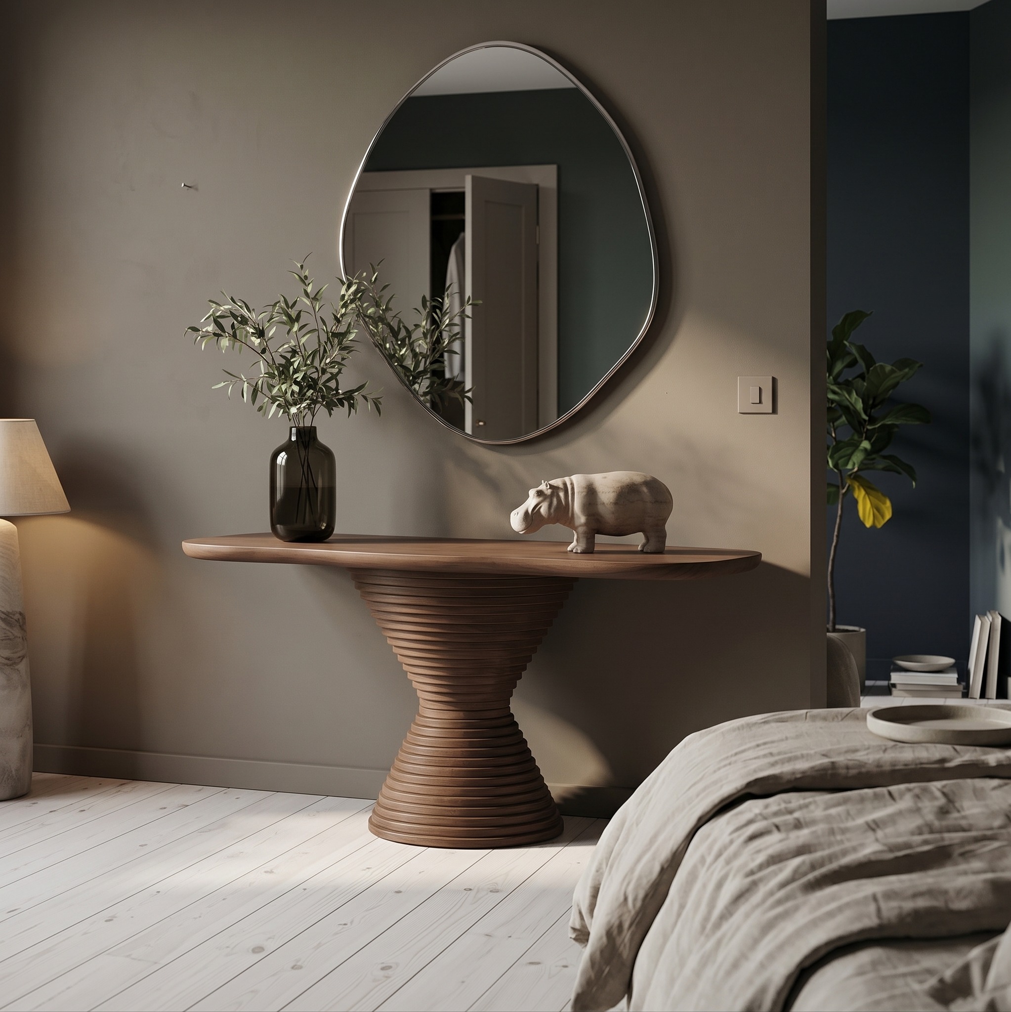 Modern Round Pedestal Console Table, Solid Wood Accent Sofa Table for Living Room & Foyer