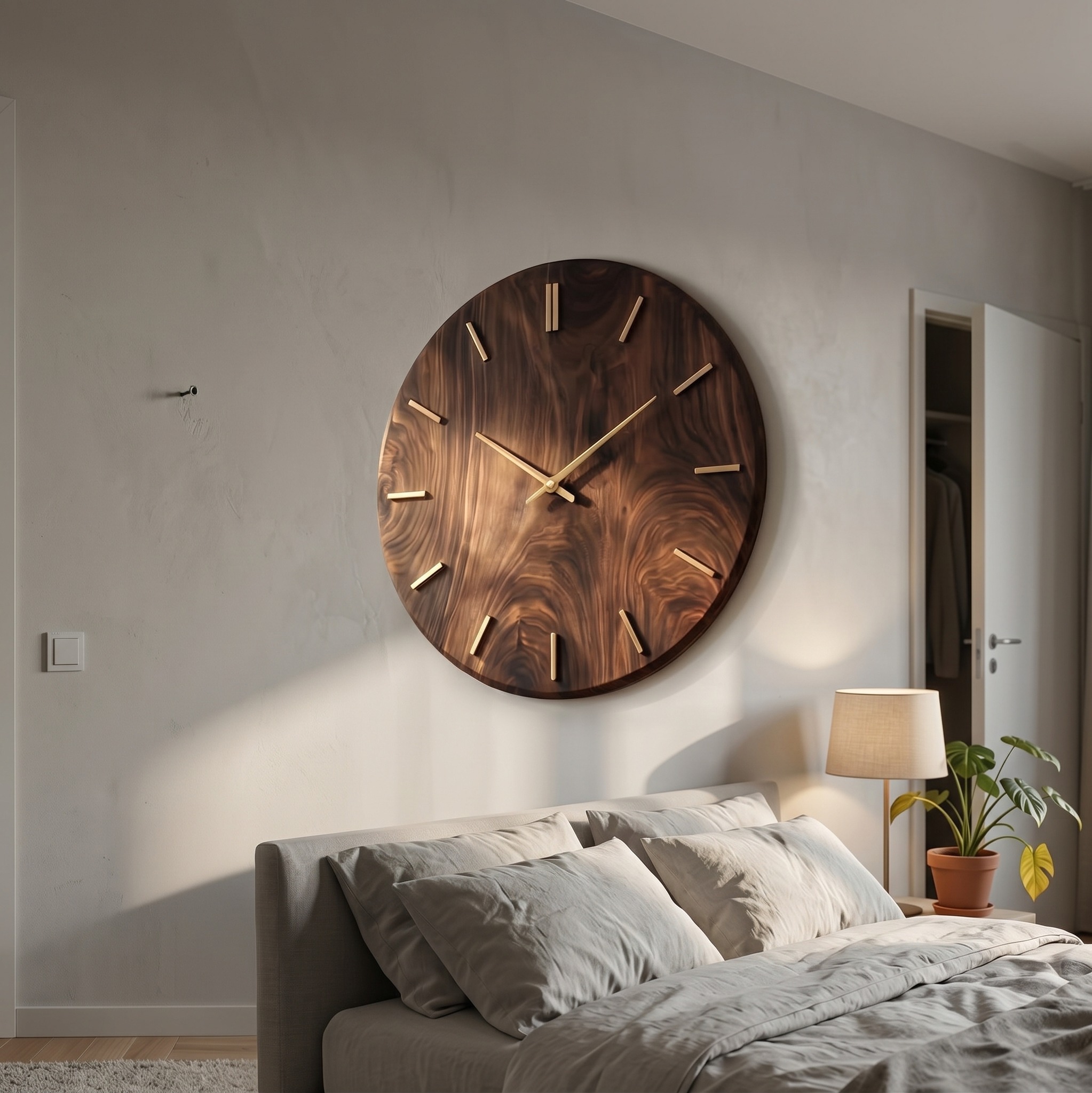 Modern Round Solid Wood Wall Clock Natural Wood Living Room