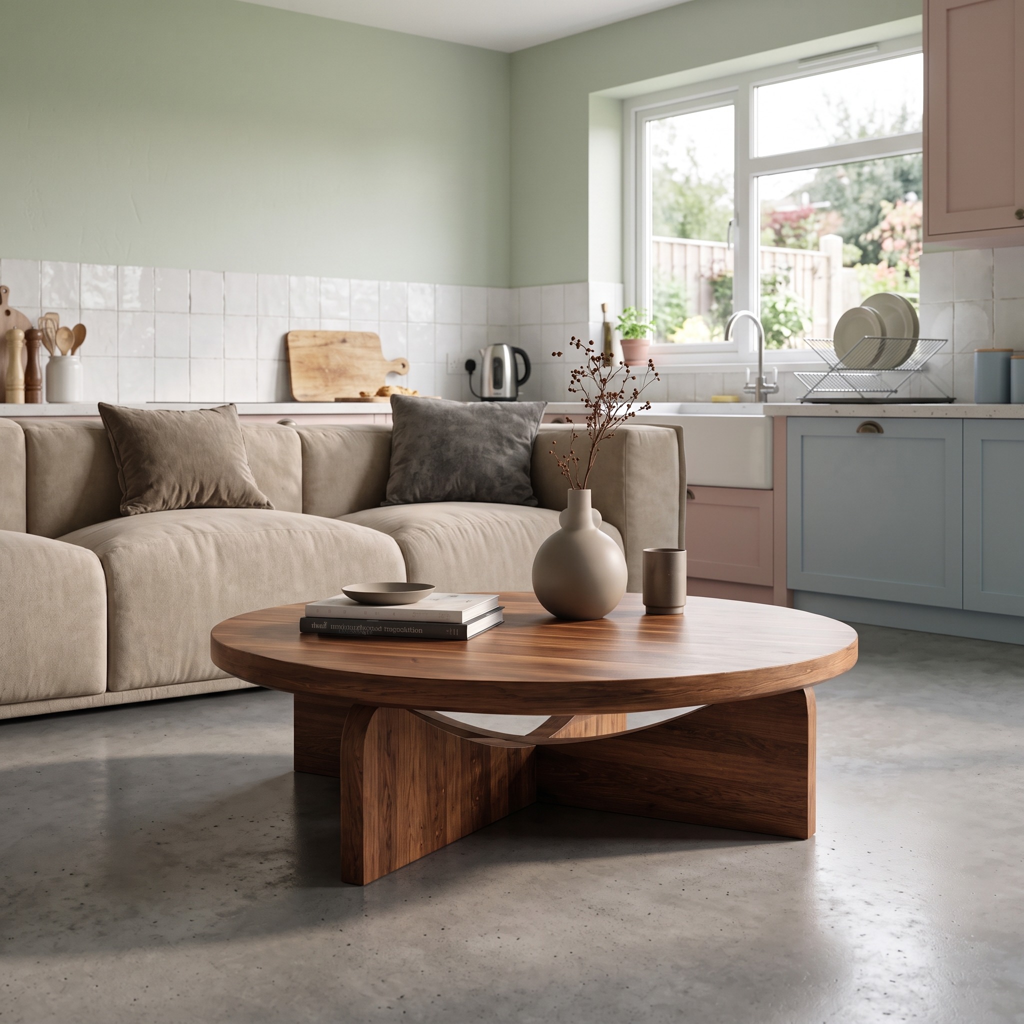 Modern Round Wood Coffee Table with Unique Geometric Base, Contemporary Solid Wood Center Table, Model