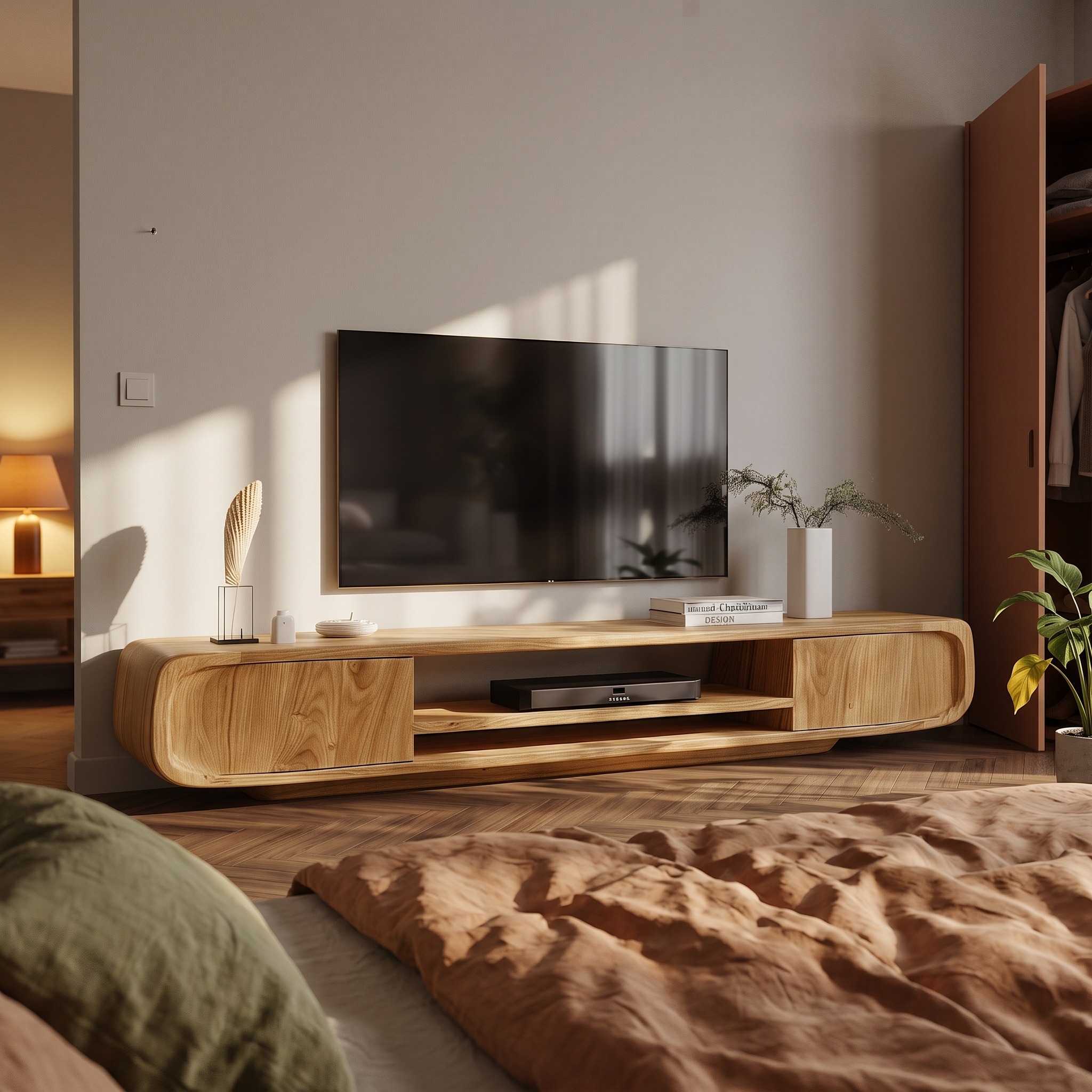 Modern Rounded Solid Wood TV Stand, Curved Edge Media Console Cabinet, Low Profile Entertainment Center for Lounge