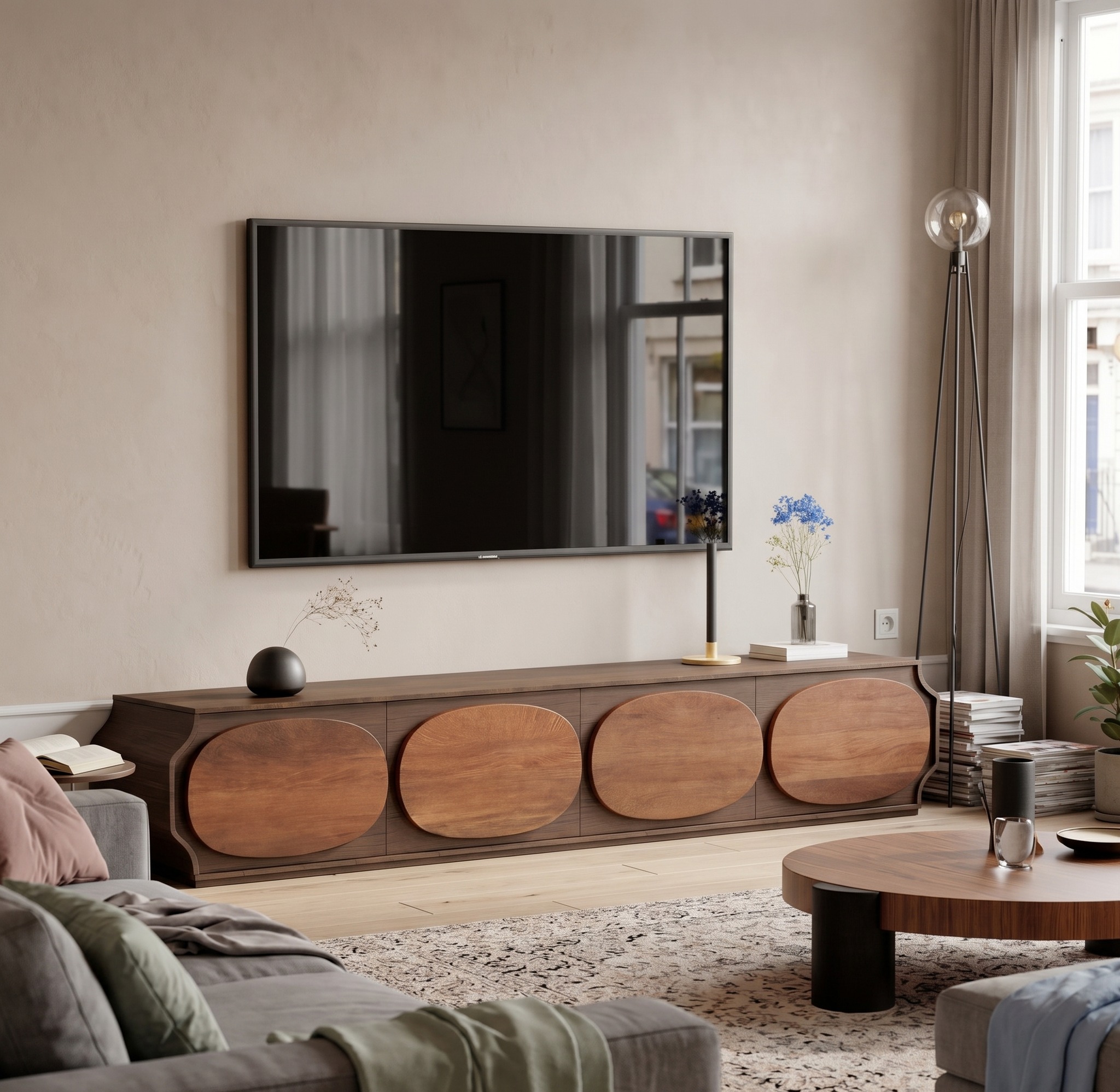 Modern Rounded Wood TV Console, Curved Media Stand & Entertainment Center Cabinet for Living Room