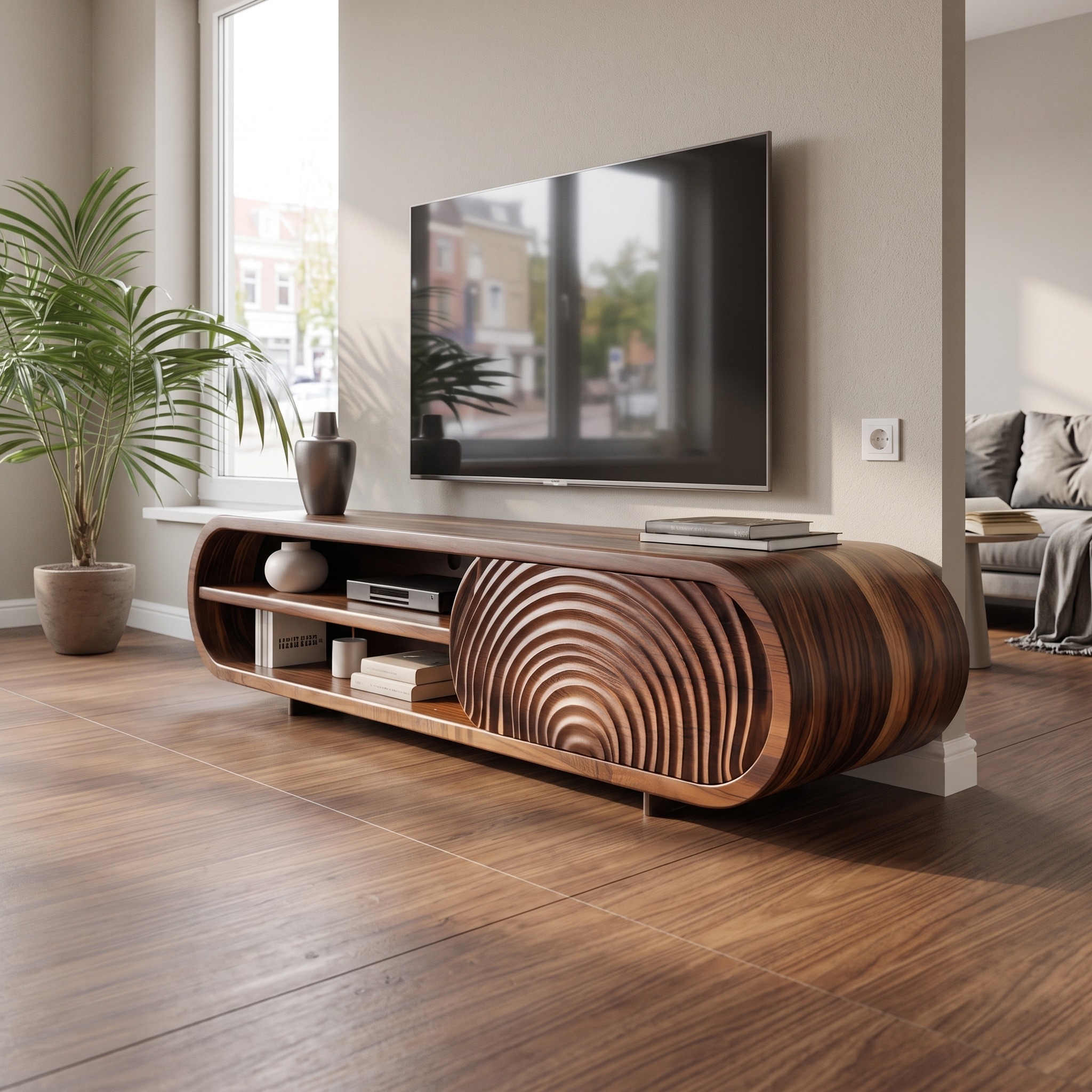 Modern Rounded Wood TV Stand with Sculpted Doors for Living Room