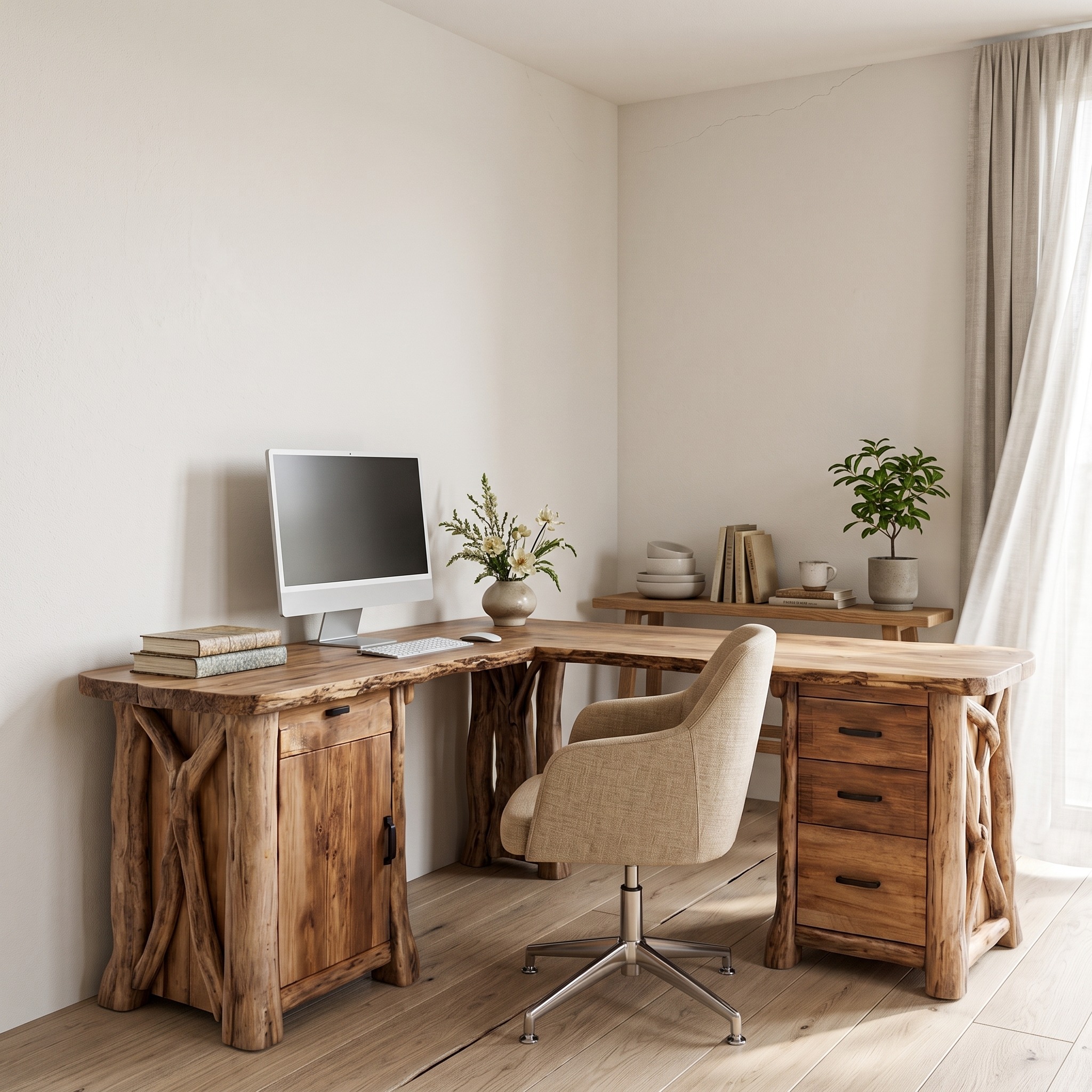 Modern Rustic L-Shape Office Desk with Storage, Solid Wood Corner Workstation, Study Writing Table