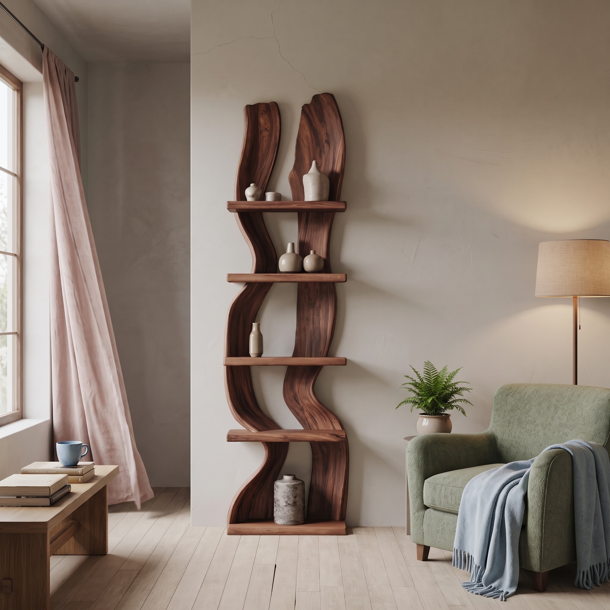 Modern Rustic Standing Shelf with Curved Silhouette, Handcrafted Wood Tall Display Bookcase for Living Room