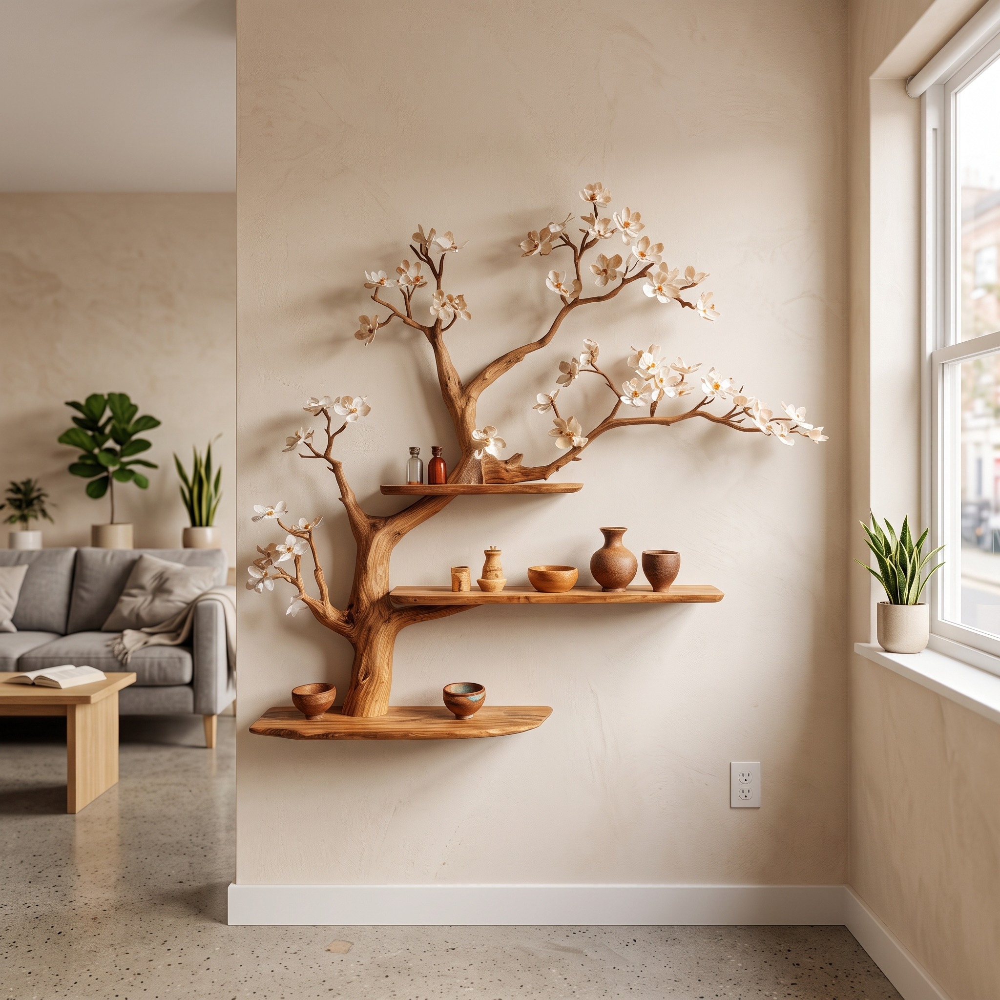 Modern Rustic Tree Wall Shelf, Solid Wood Floating Branch Bookshelf & Display Rack for Living Room Decor
