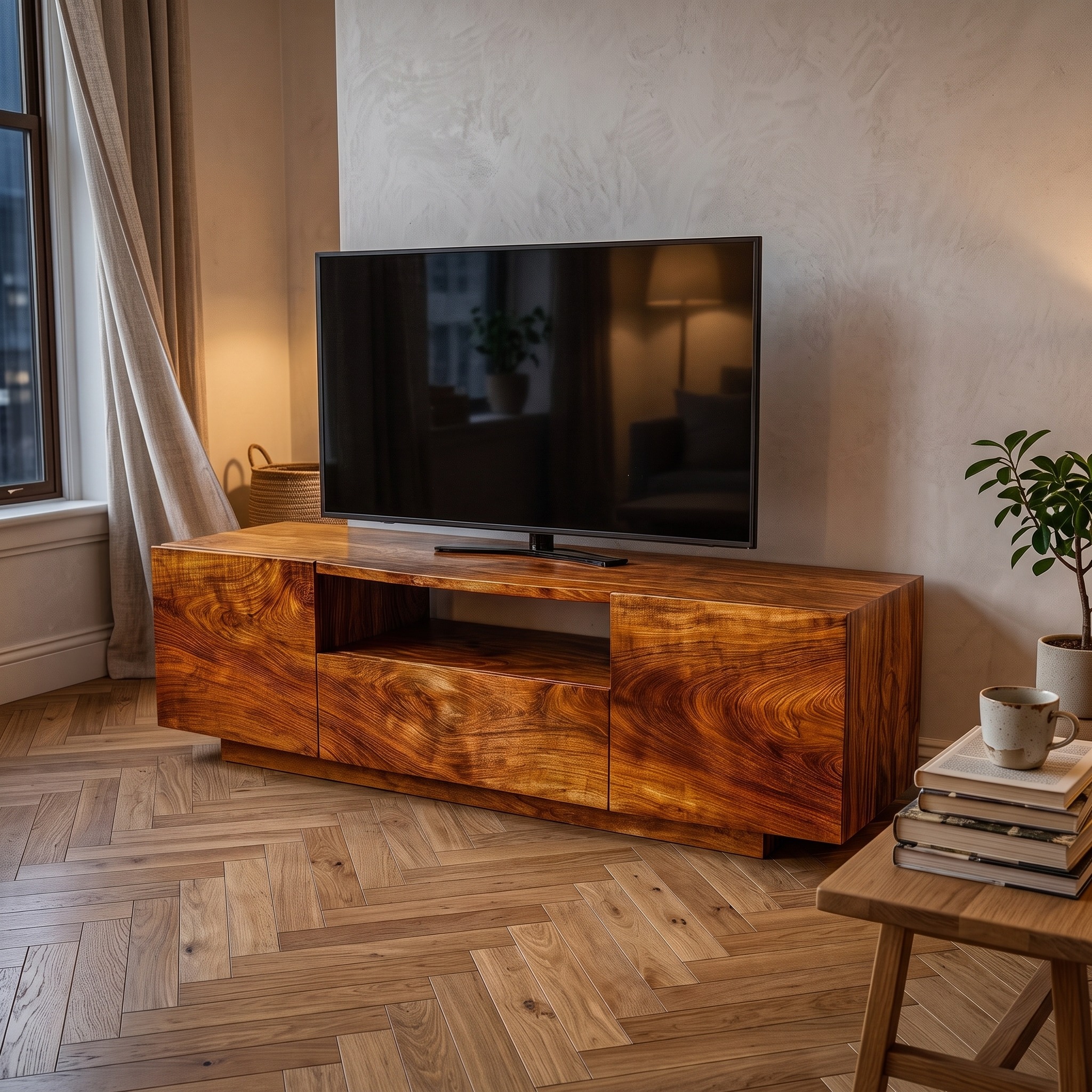 Modern Rustic TV Cabinet, Solid Wood Low Profile Block TV Stand, Living Room Media Console Unit