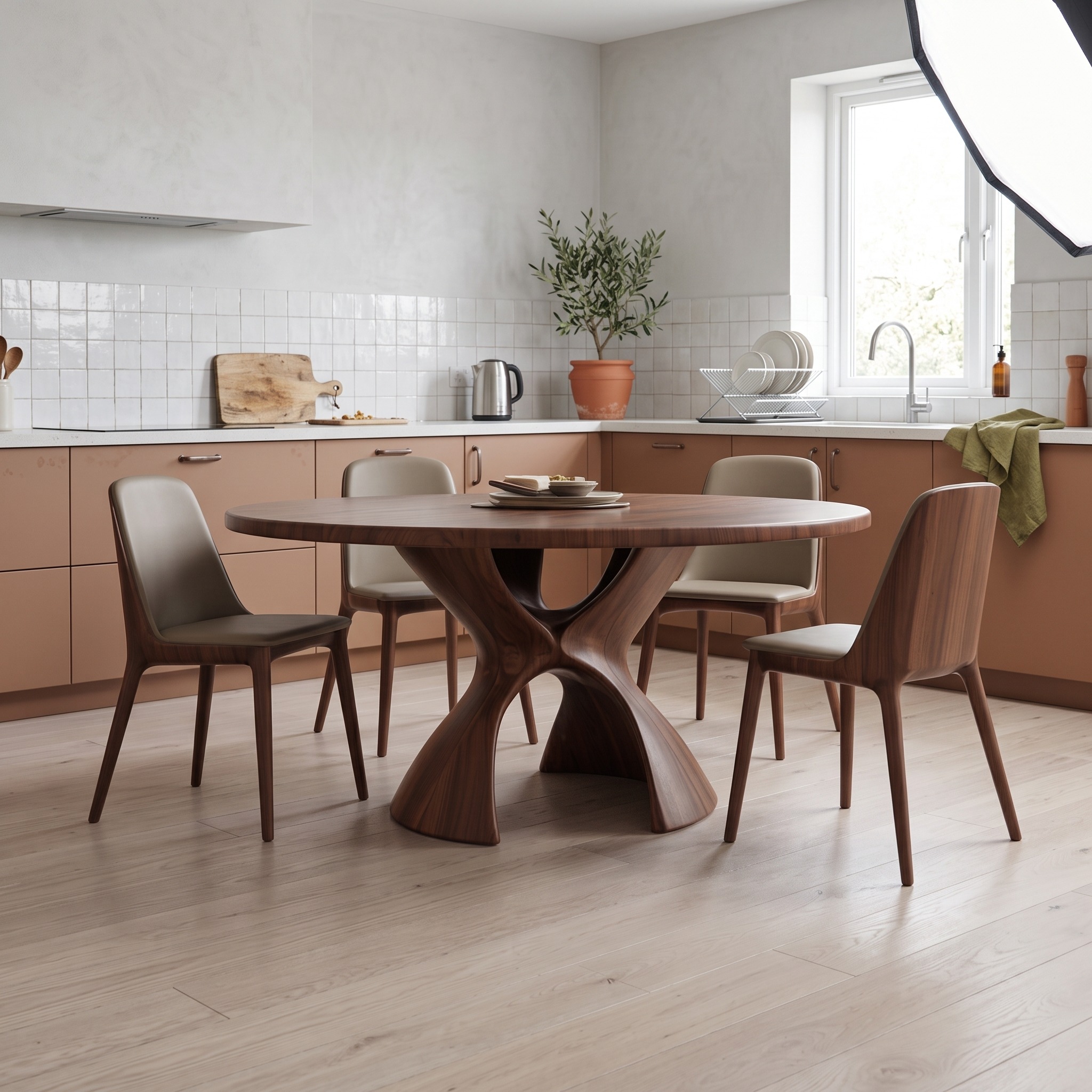 Modern Rustic Wooden Dining Table, Handcrafted Sculptural Base Kitchen Dinner Table for Dining Room