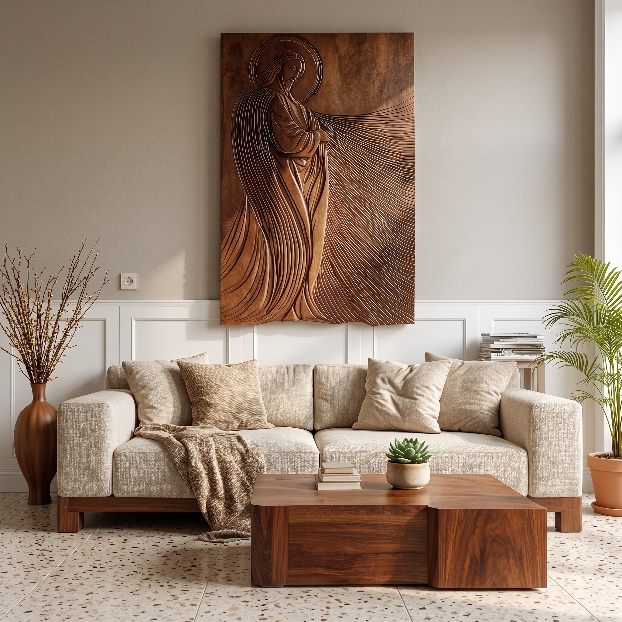 Modern Sacred Wood Carving Wall Art for Living Room