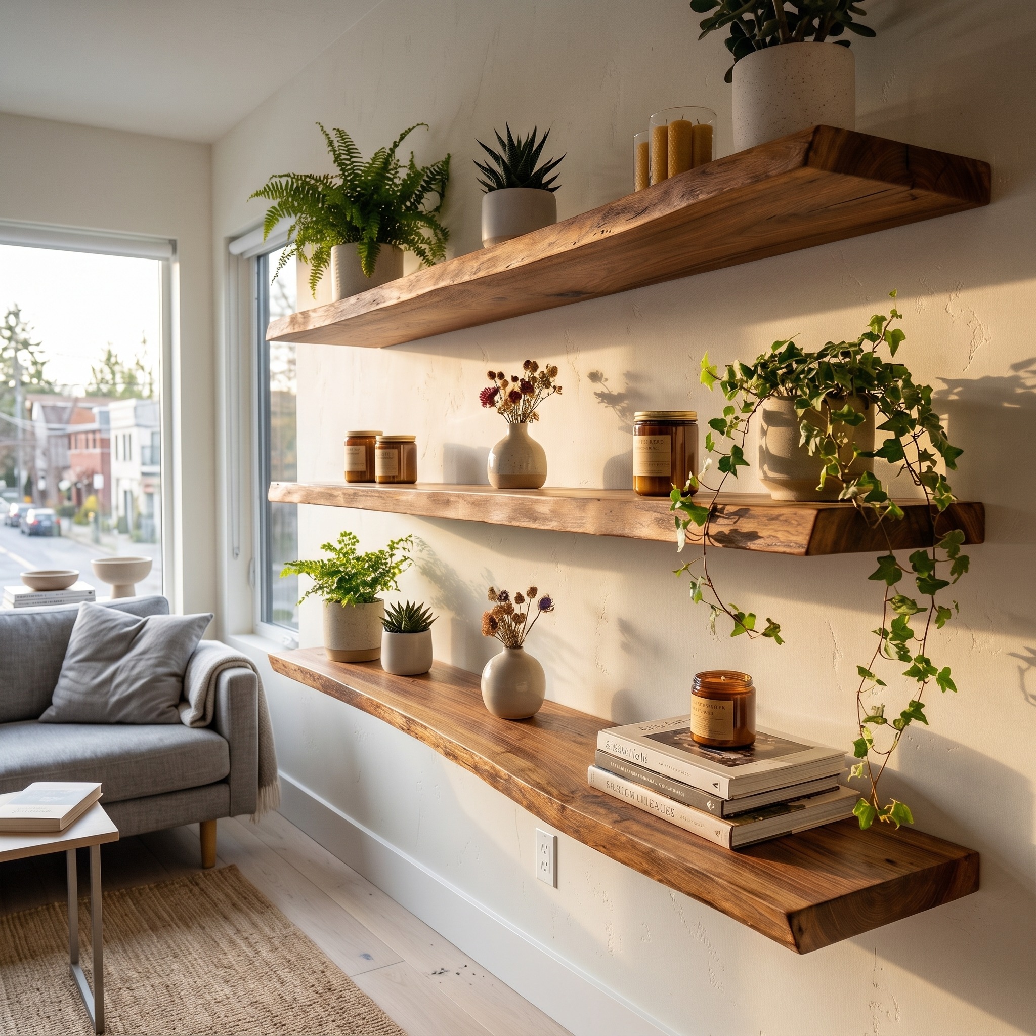 Modern Scandinavian Floating Wall Shelves Solid Wood Living Room Display