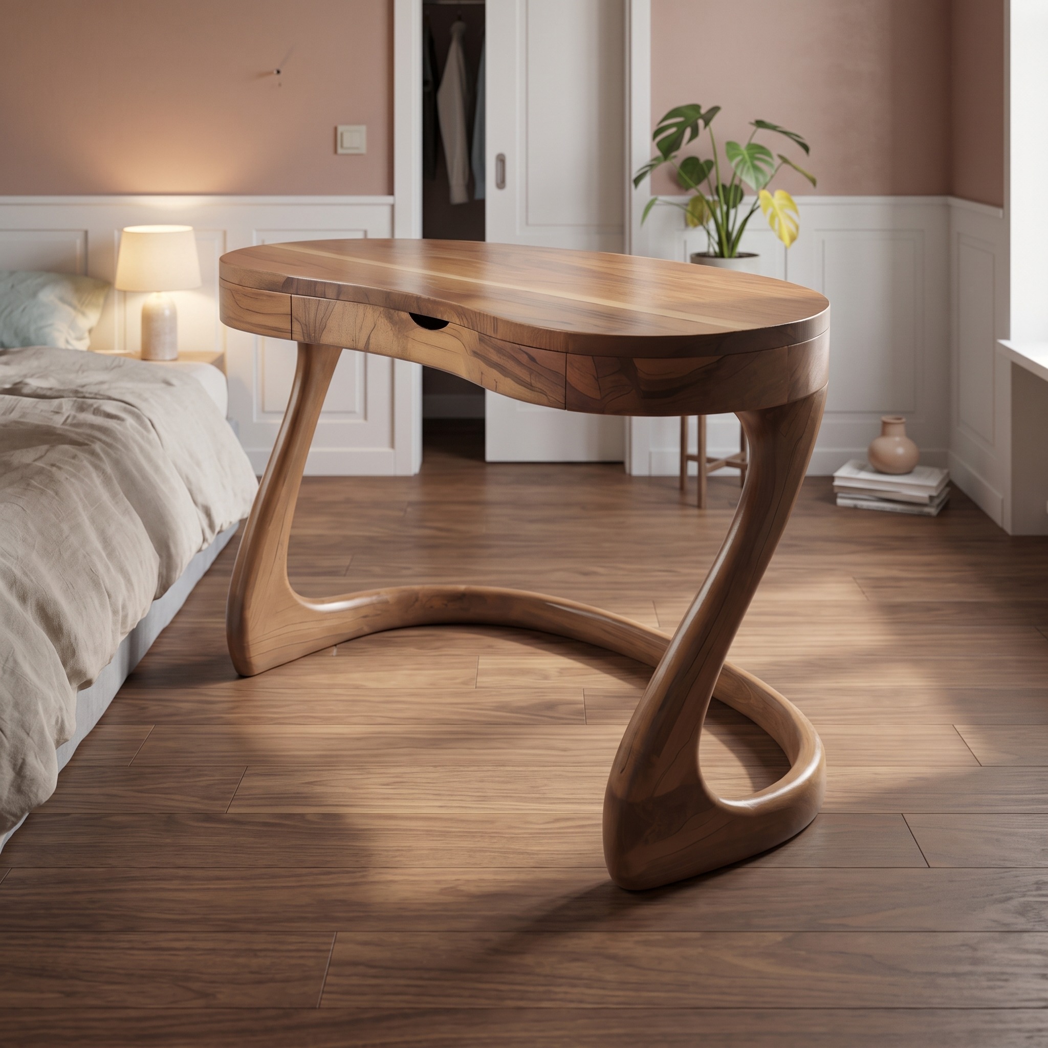 Modern Sculpted Desk with Storage Drawers, Minimalist Solid Wood Laptop Study Table PC Workstation for Home Office