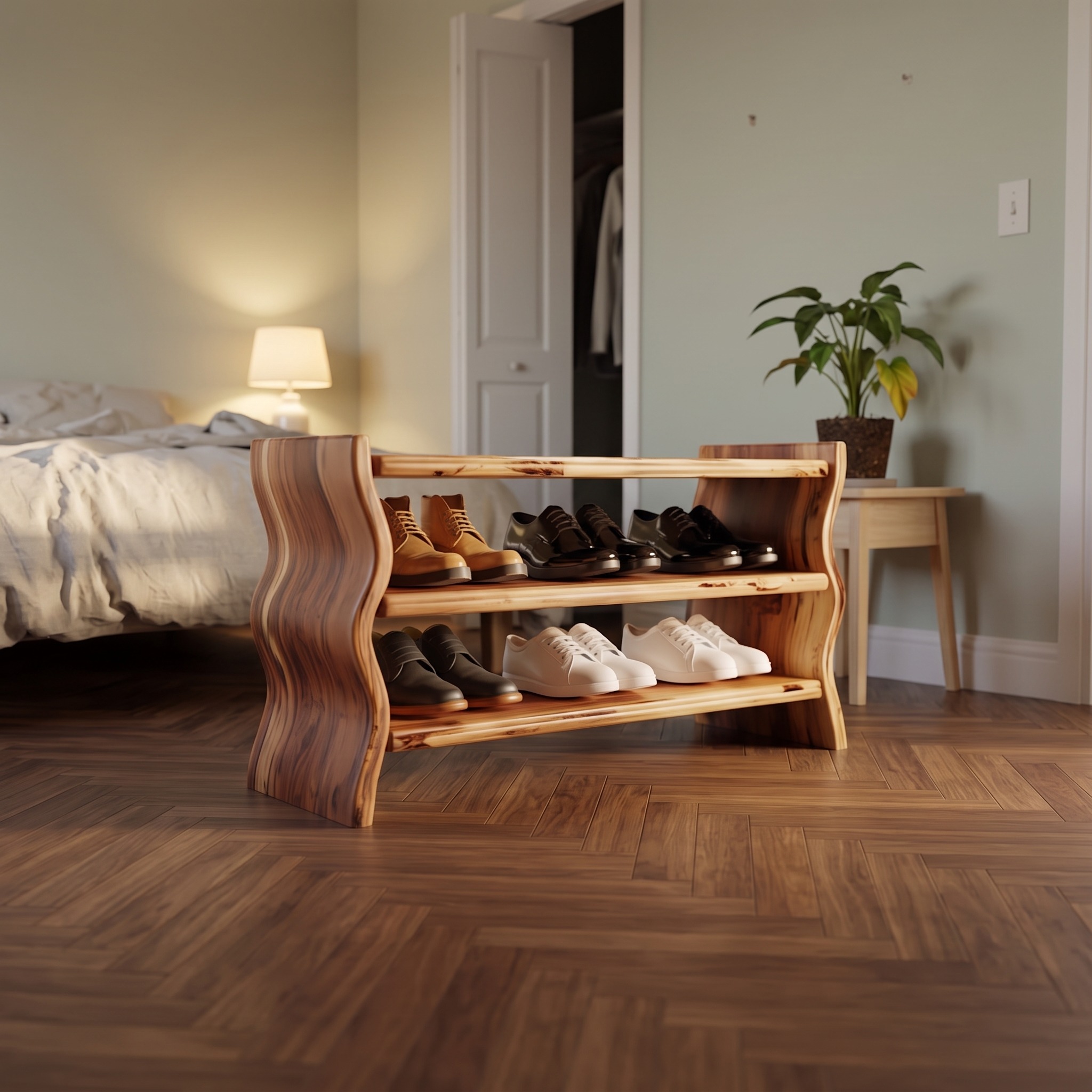 Modern Sculpted Shoe Organizer, Solid Wood Storage Bench Cabinet for Entryway, Living Room, Mudroom & Hallway