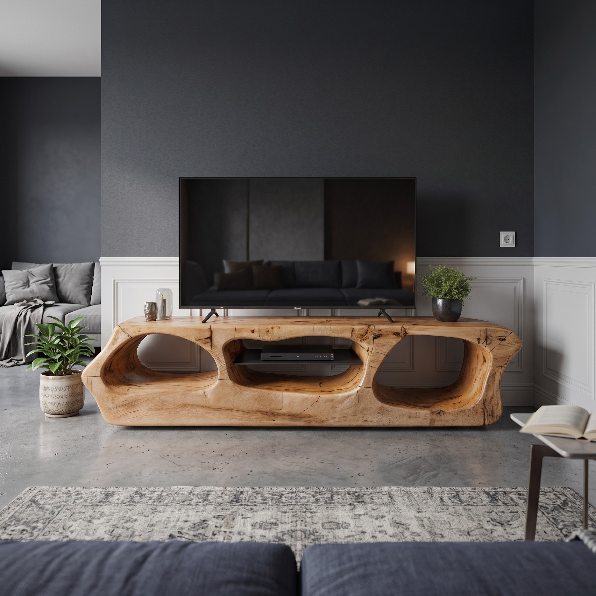 Modern Sculpted Solid Wood TV Stand, Organic Openings Media Console Cabinet, Artistic Entertainment Center