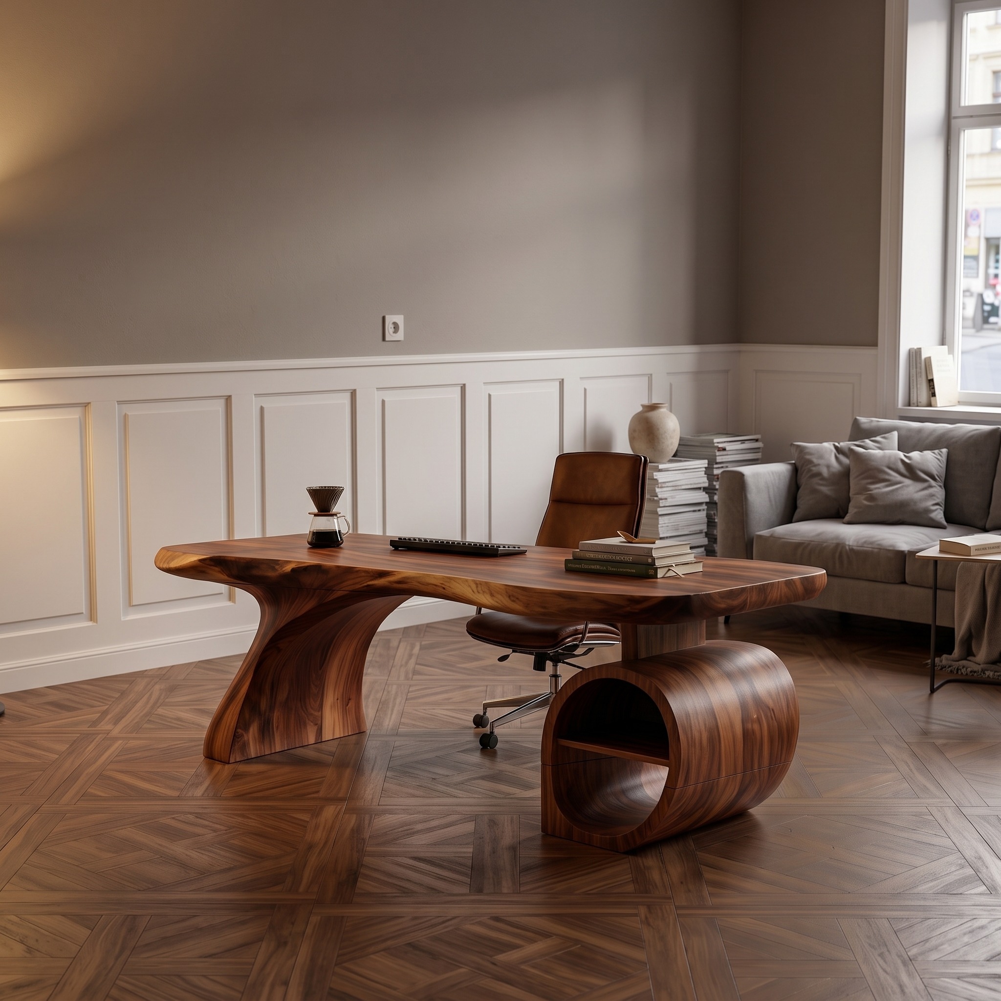 Modern Sculpted Wood Office Desk with Open Shelving Storage, Handcrafted Solid Wood Computer Desk, Writing Table