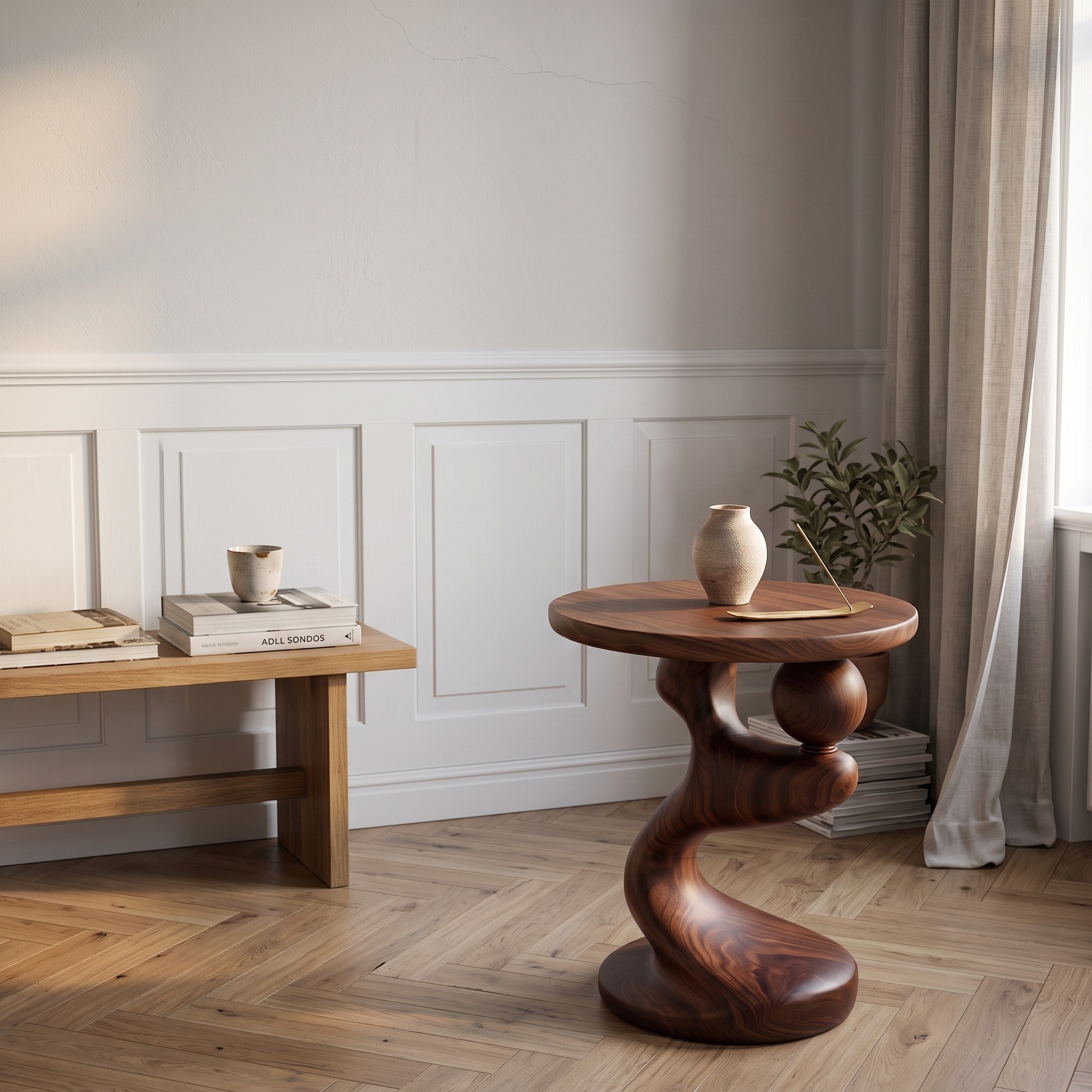 Modern Sculpted Wood Side Table, Artistic Curved Base Solid Wood End Table & Nightstand for Living Room, Bedroom