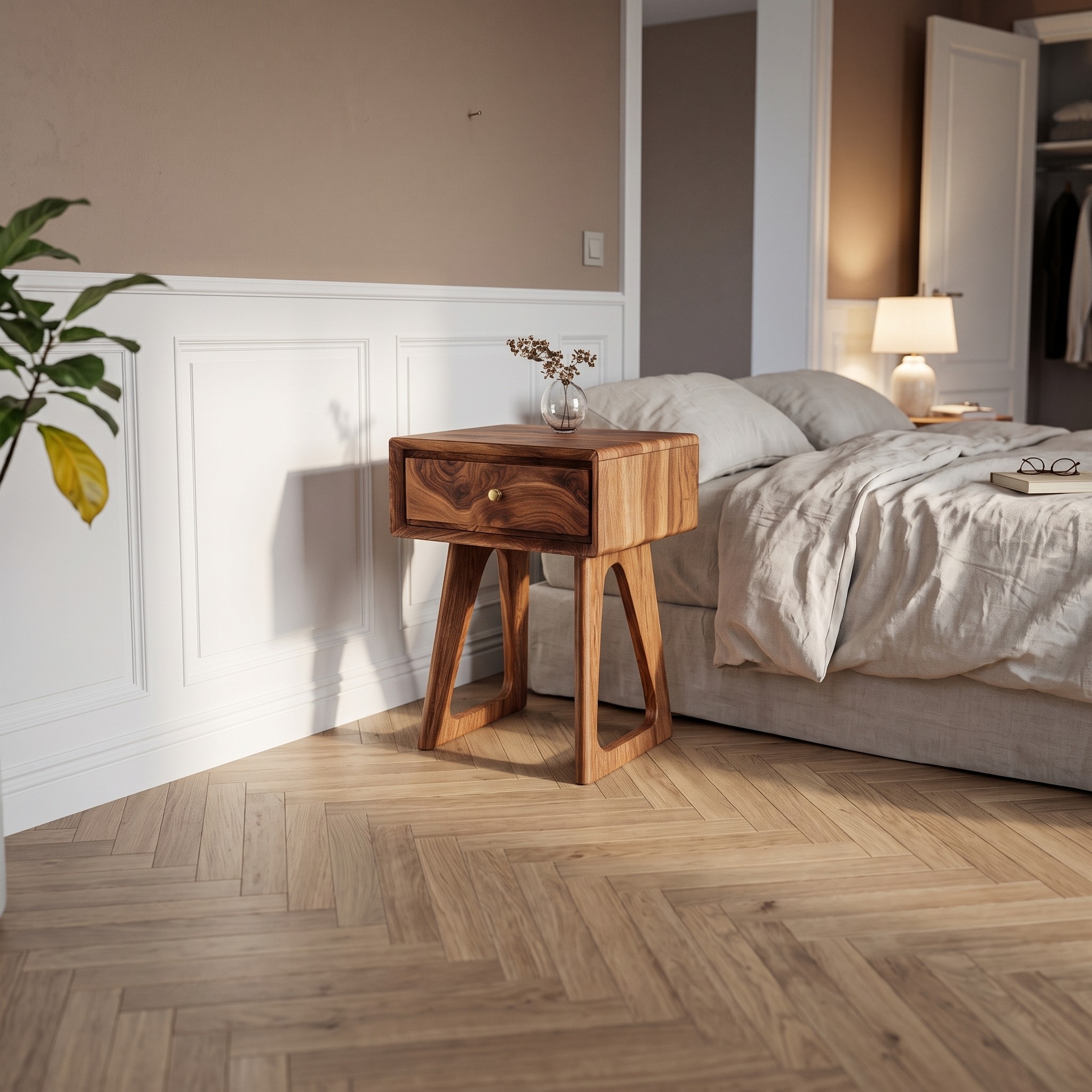 Modern Sculpted Wood Side Table, Geometric End Table & Bedside Accent Table for Living Room & Studio, Model