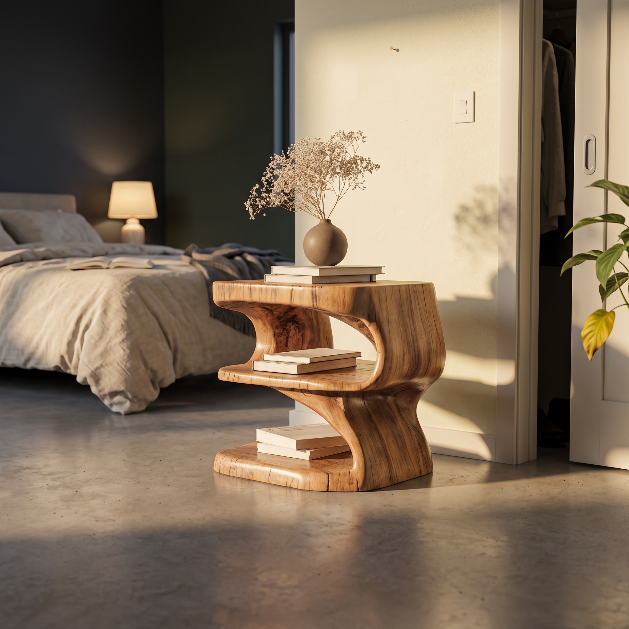 Modern Sculpted Wood Side Table with Open Shelf, Artistic Solid Wood End Table & Nightstand for Bedroom & Living Room