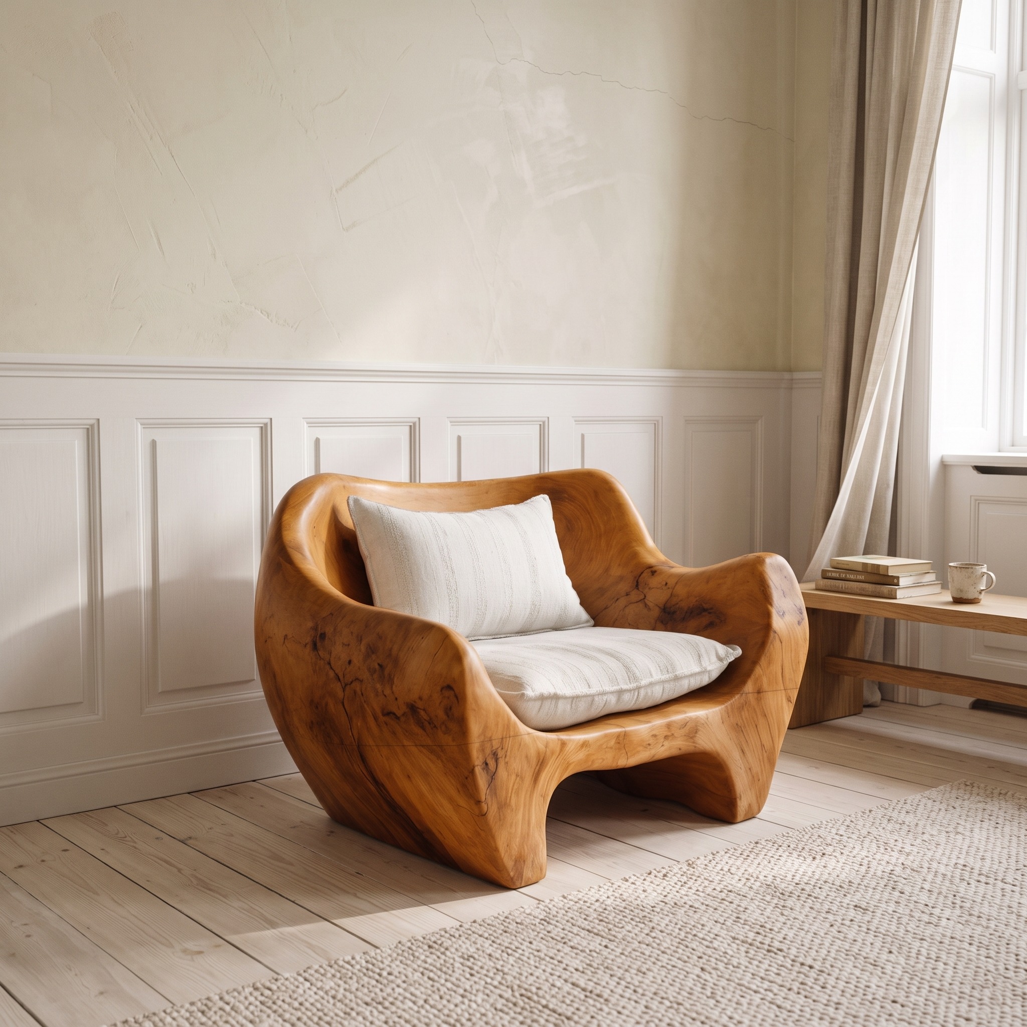 Modern Sculpted Wooden Armchair, Organic Accent Lounge Chair for Living Room Reading Corner, Model