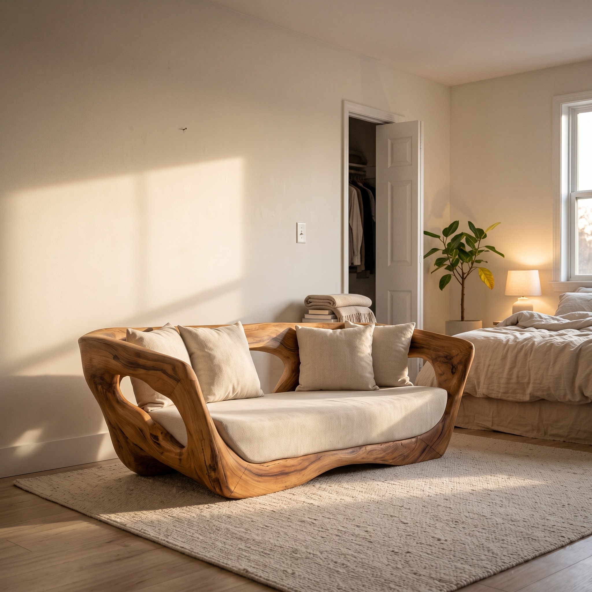 Modern Sculpted Wooden Sofa, Contemporary Lounge Couch Settee, Artistic Designer Loveseat for Living Room