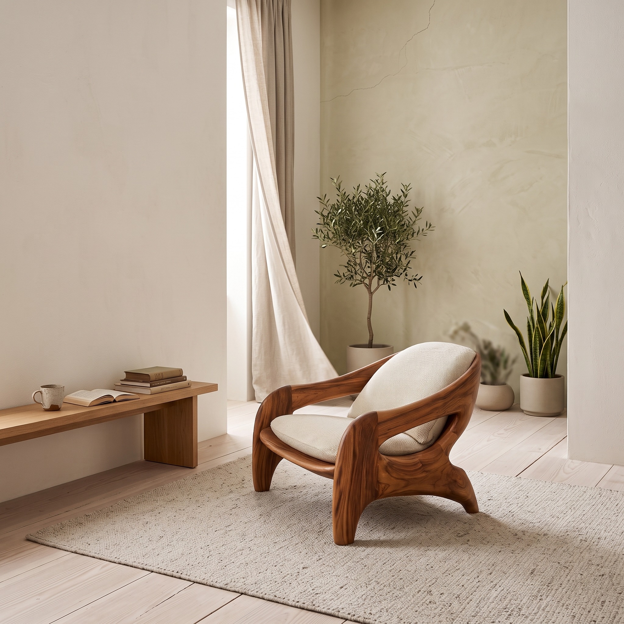 Modern Sculptural Accent Chair, Wood Lounge Armchair for Living Room, Bedroom & Cozy Reading Corner
