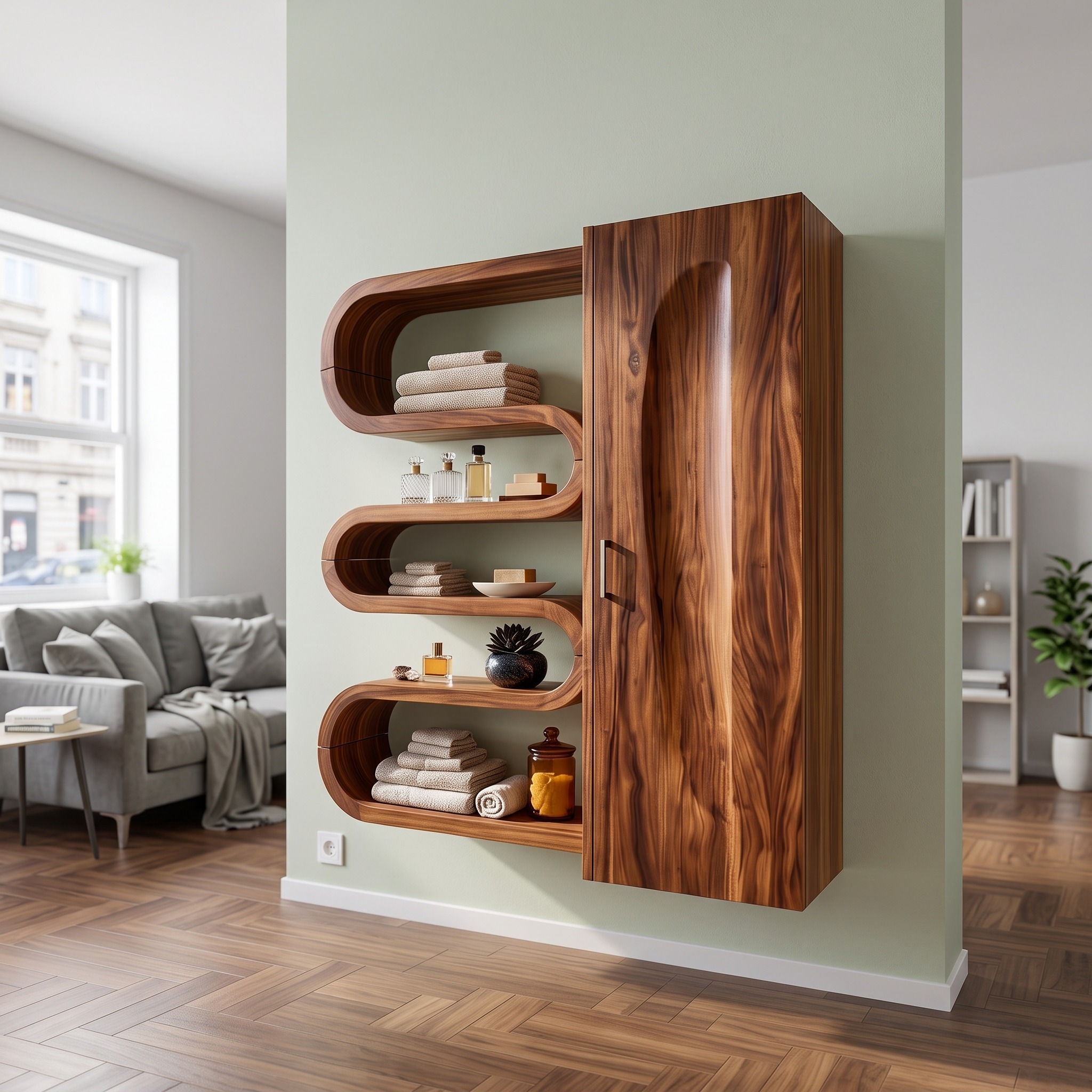 Modern Sculptural Bathroom Cabinet, Solid Wood Wellness Vanity Storage Credenza