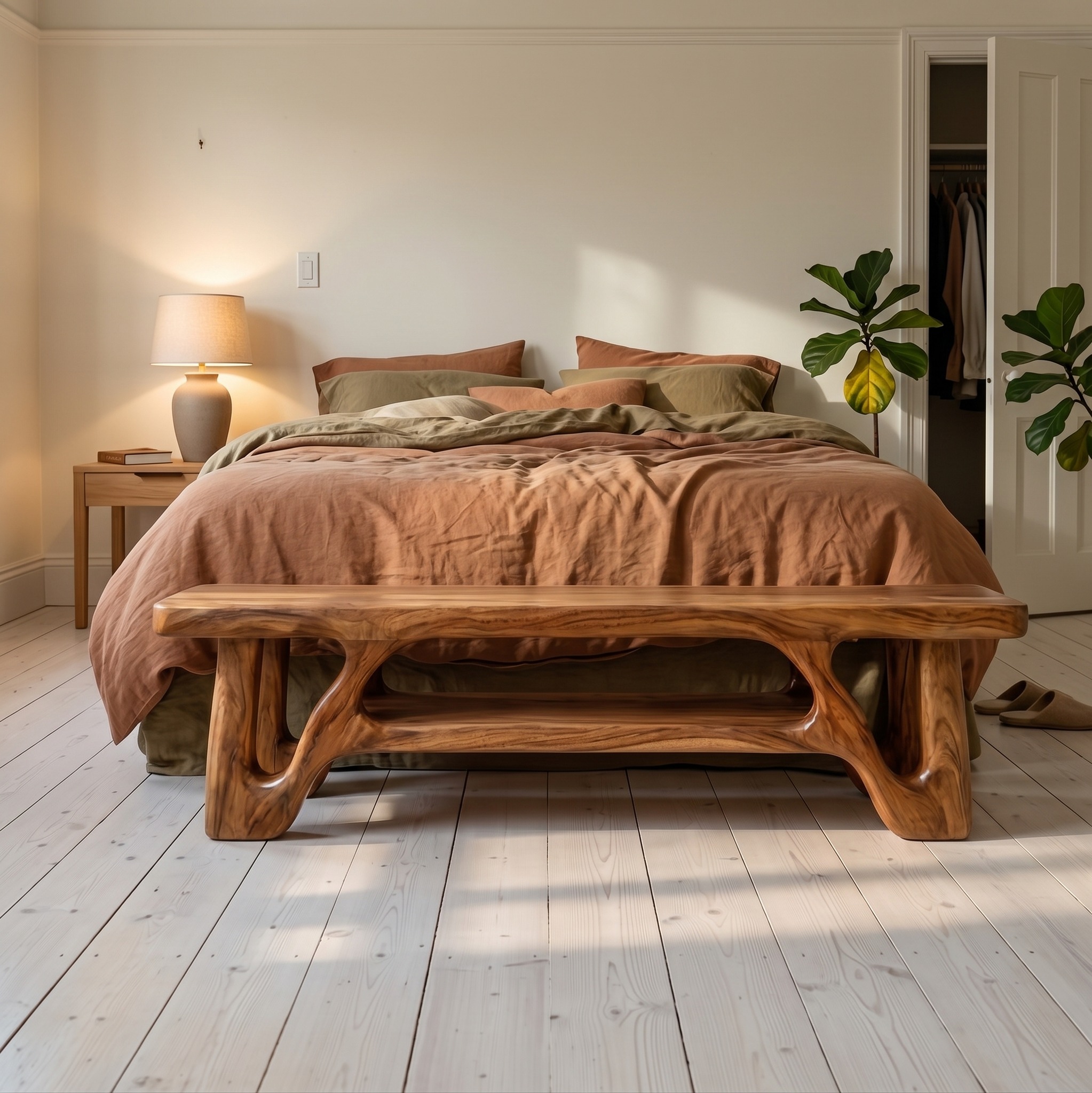 Modern Sculptural Bedroom Bench, Solid Wood End of Bed Seating, Contemporary Entryway & Living Room Window Bench