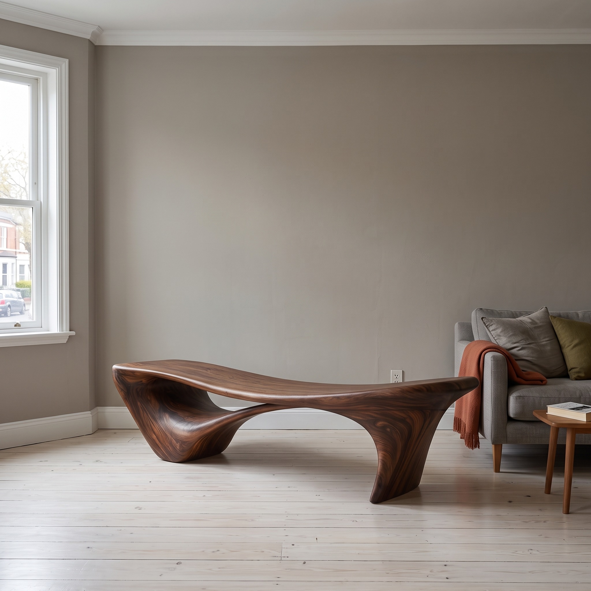 Modern Sculptural Bench, Organic Solid Wood Entryway Accent Seating & Window Bench for Living Room