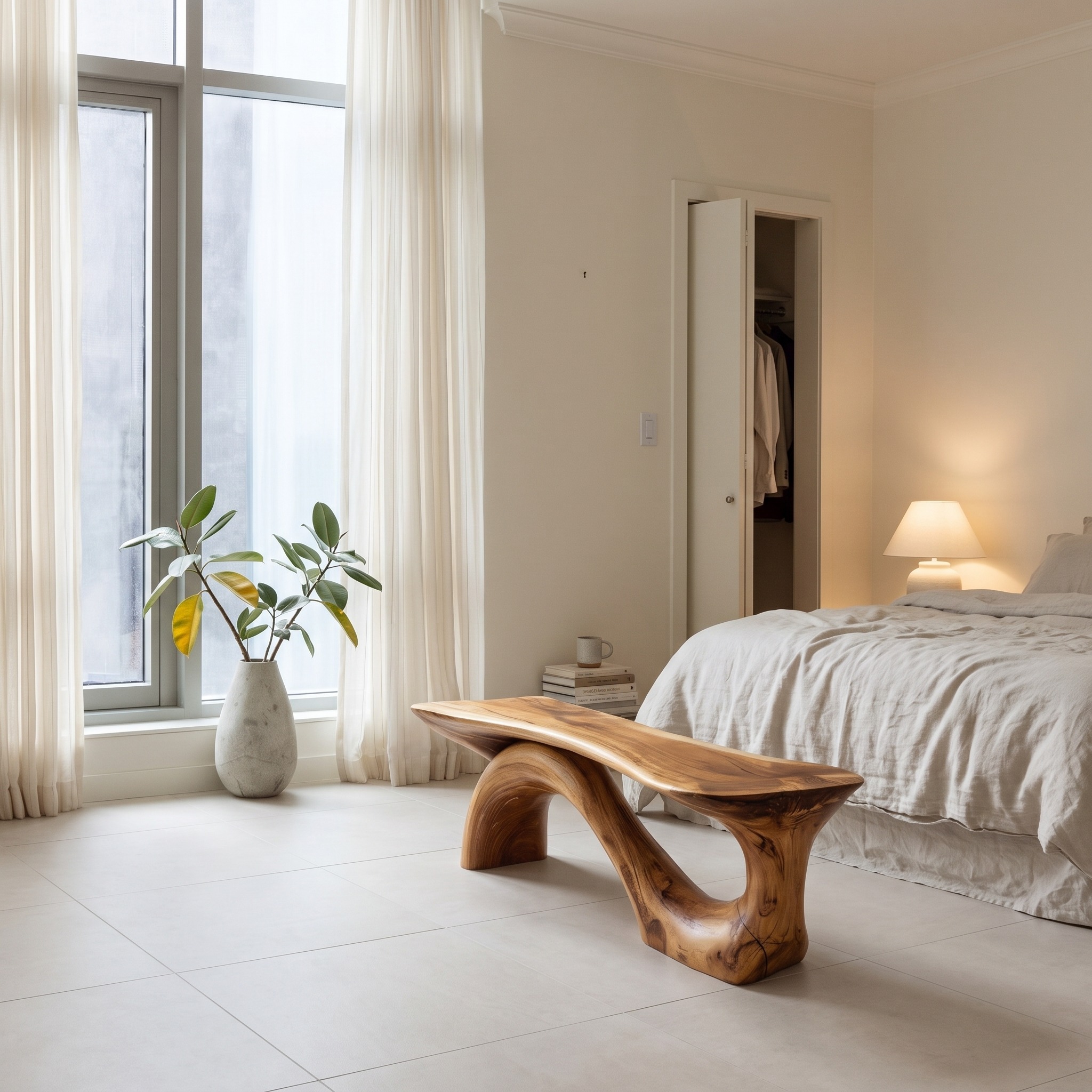 Modern Sculptural Bench with Organic Curved Design, Handcrafted Solid Wood Seating Bench for Living Room