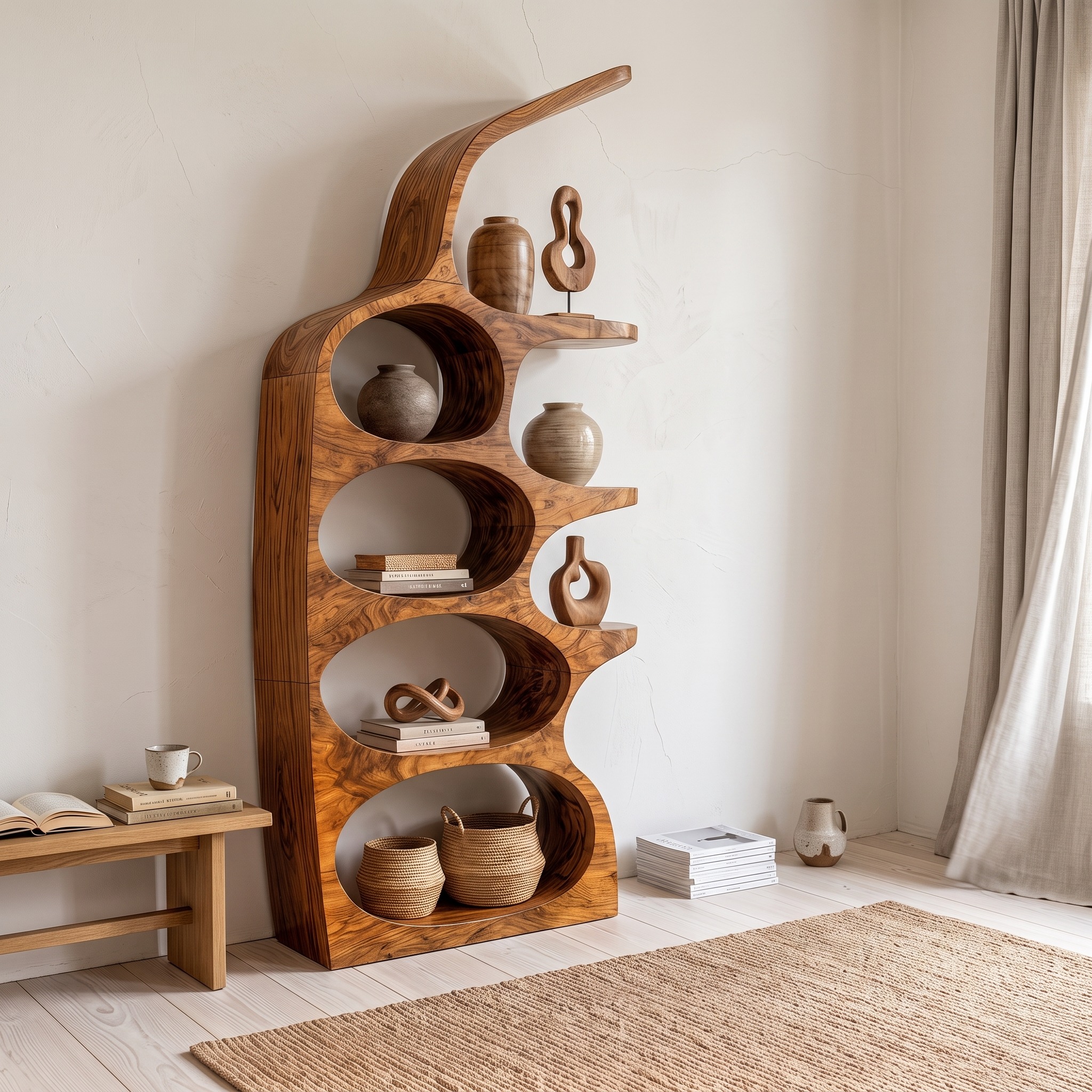 Modern Sculptural Bookshelf, Curved Open Solid Wood Bookcase & Display Cabinet for Living Room