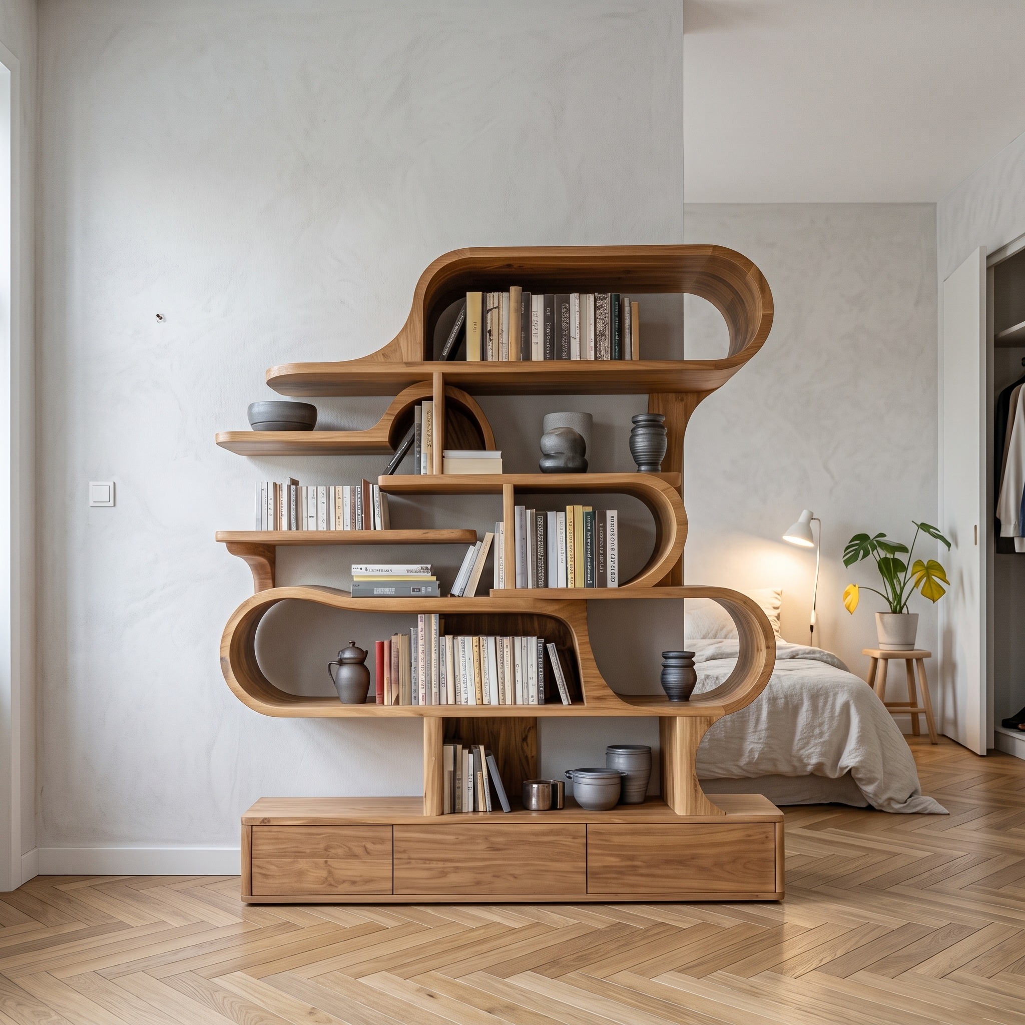 Modern Sculptural Bookshelf, Curved Wood Display Case & Books Organizer for Living Room or Office