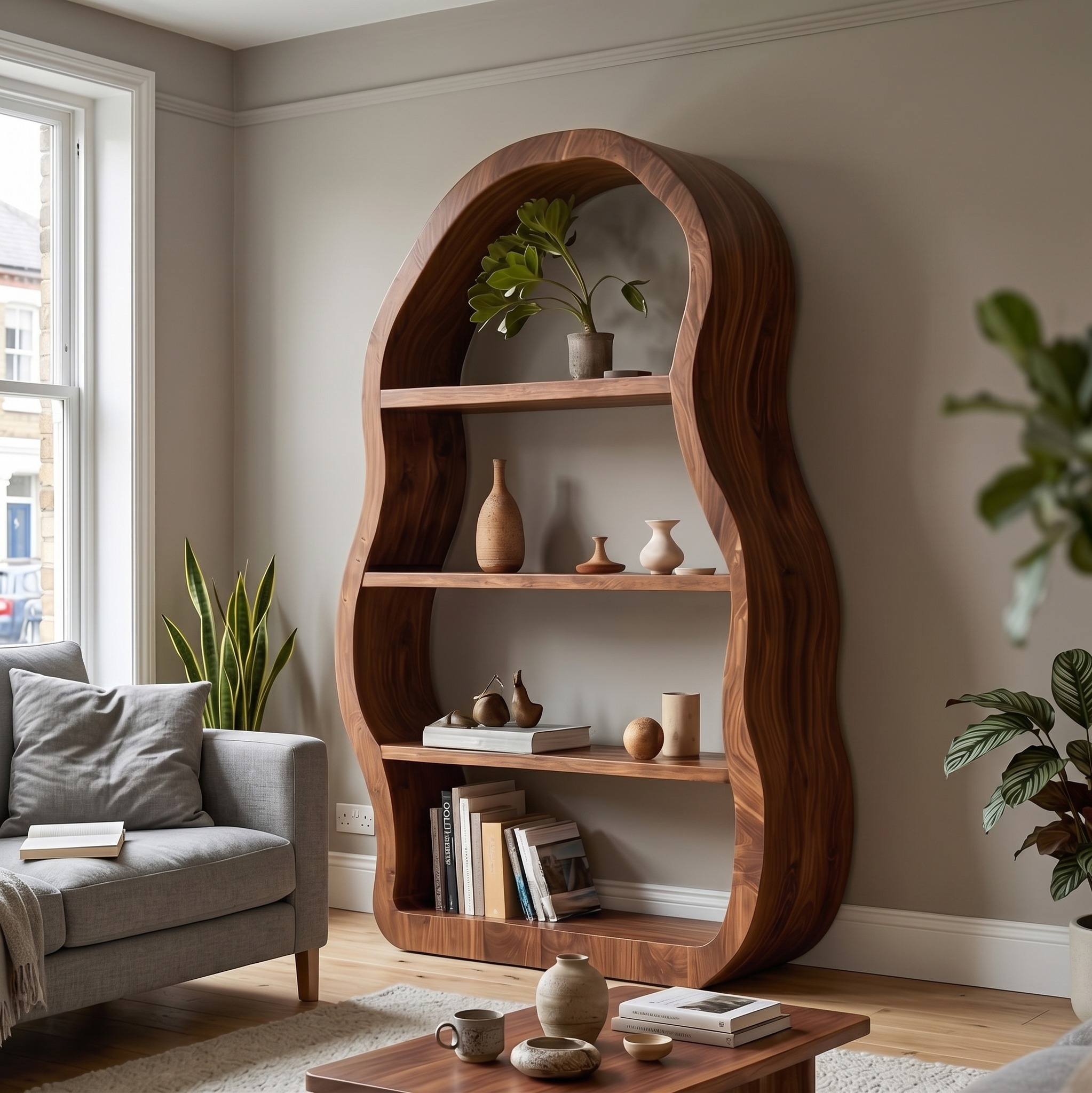 Modern Sculptural Bookshelf, Solid Wood Geometric Bookcase & Display Rack for Office, Living Room Reading Corner
