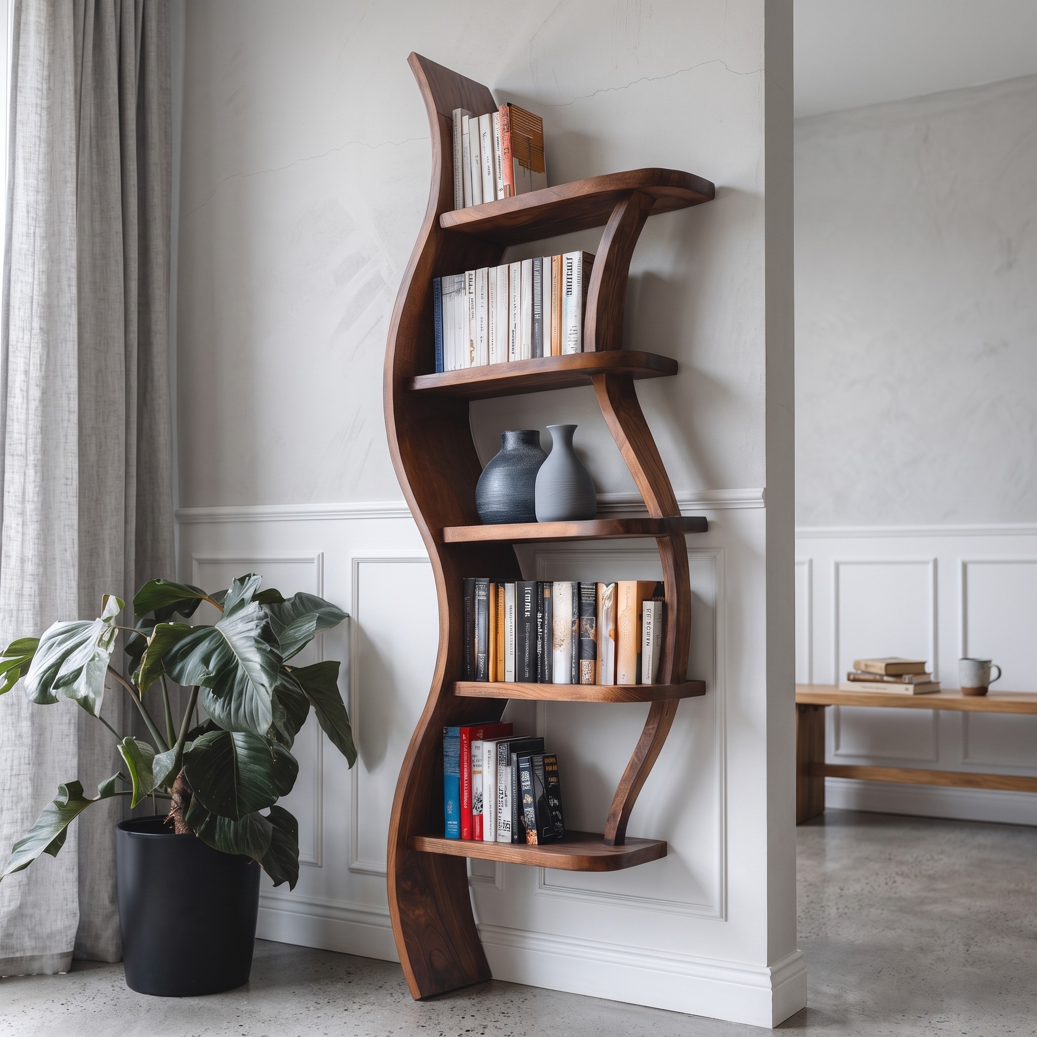 Modern Sculptural Bookshelf with Curved Design for Living Room