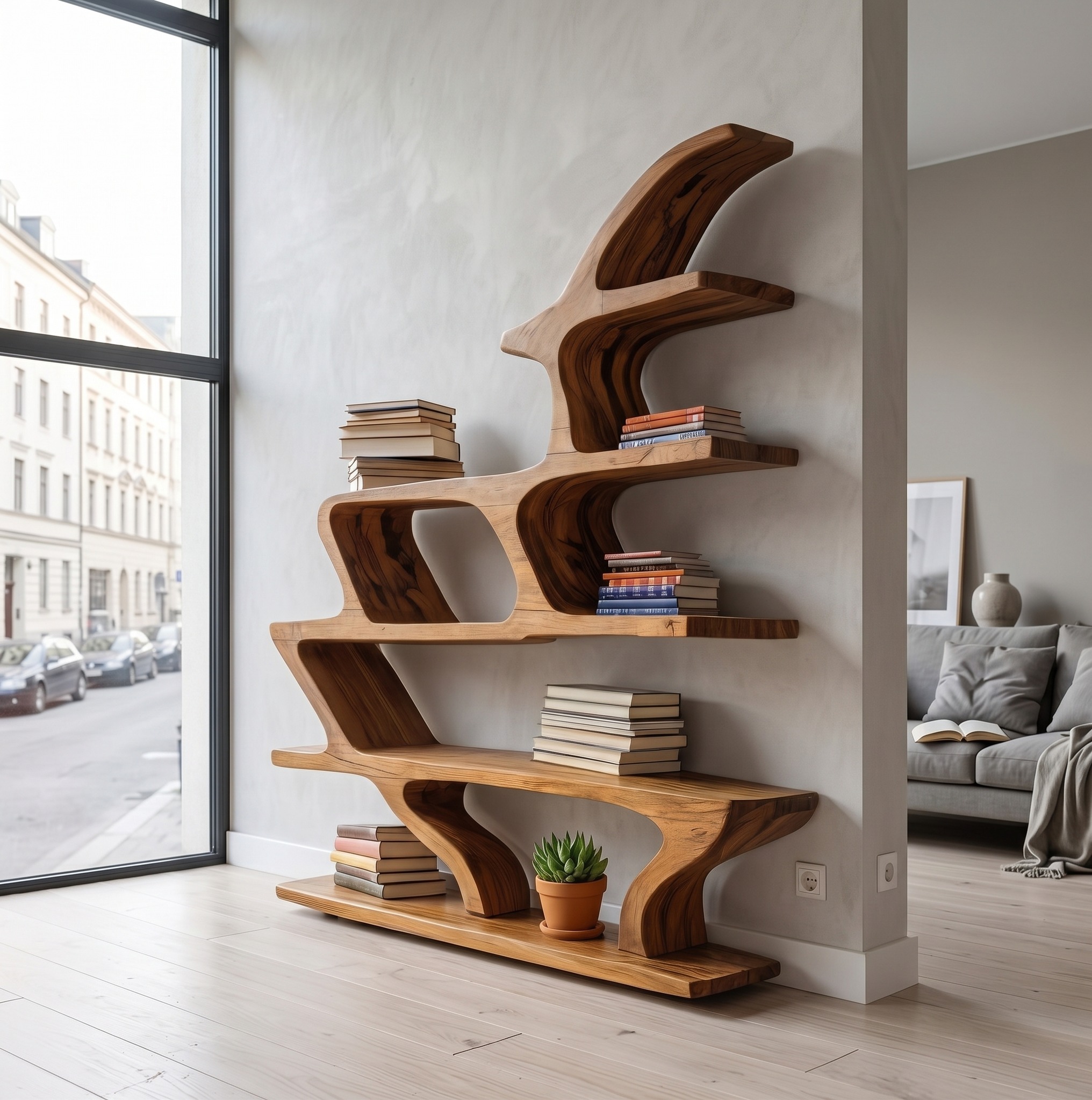 Modern Sculptural Bookshelf with Fluid Shelving for Living Room